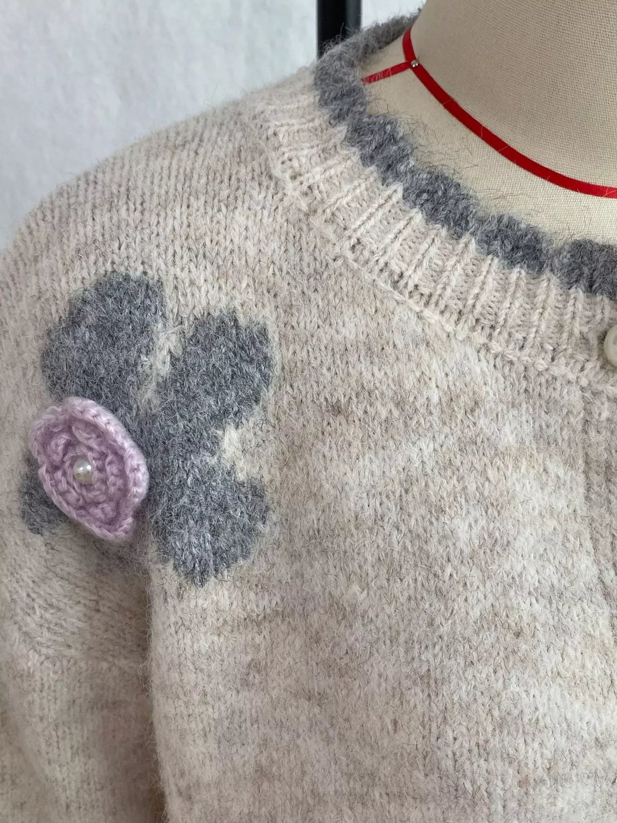 Floral Applique Button-Down Knit Cardigan