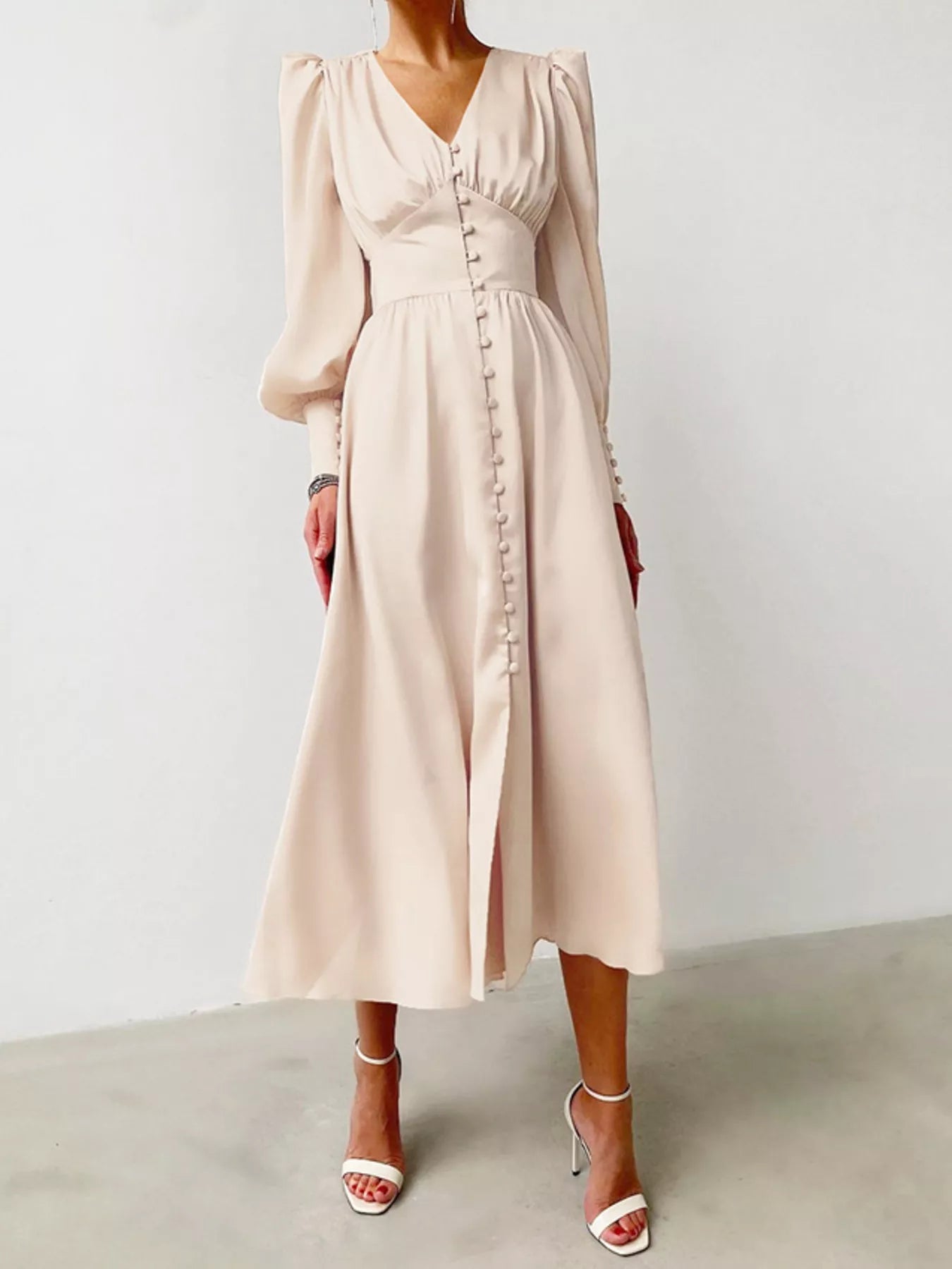 Elegant V-Neck Puff Sleeve Button-Down Midi Dress