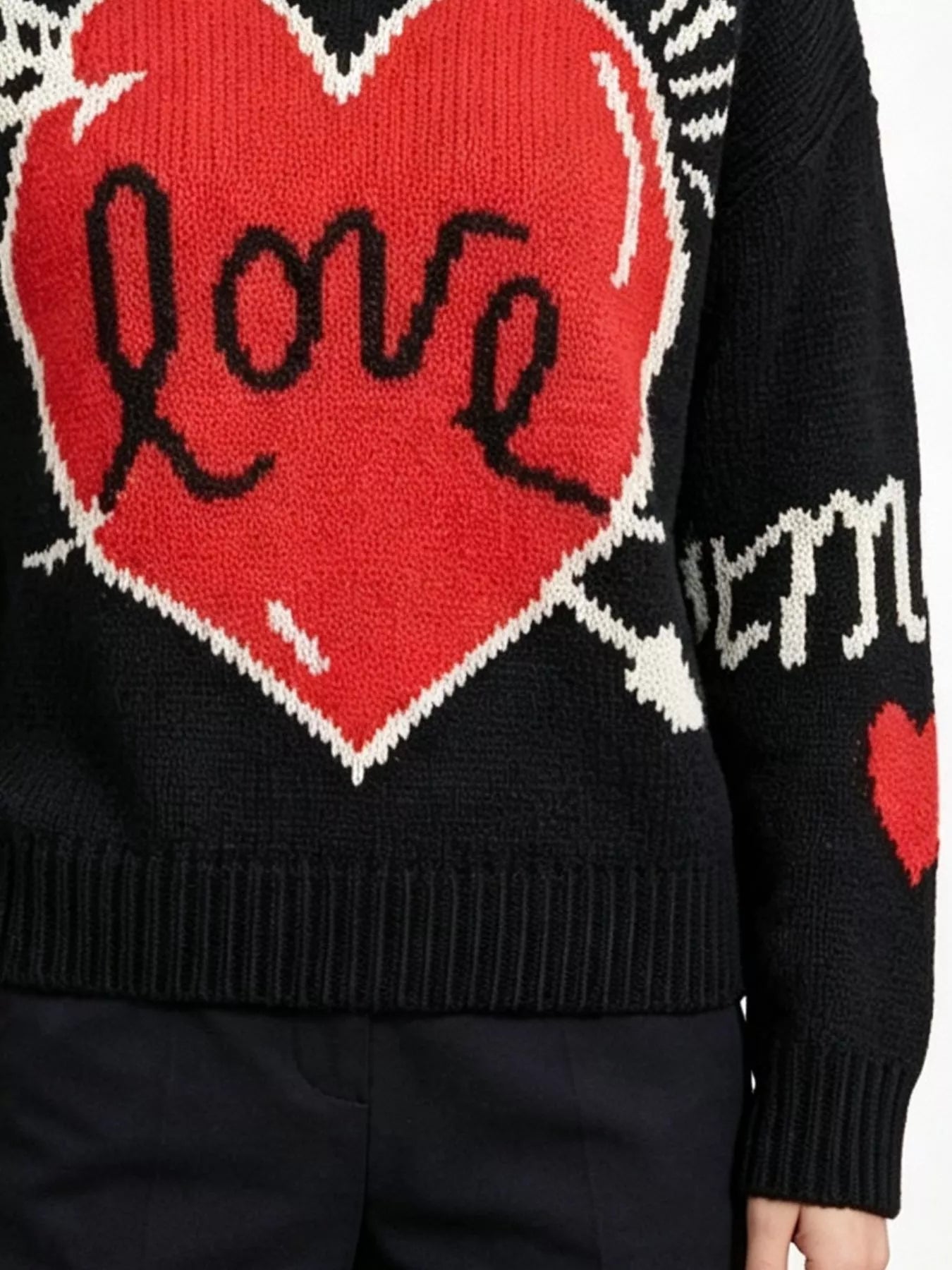 Heart Round Neck Ribbed Sweater