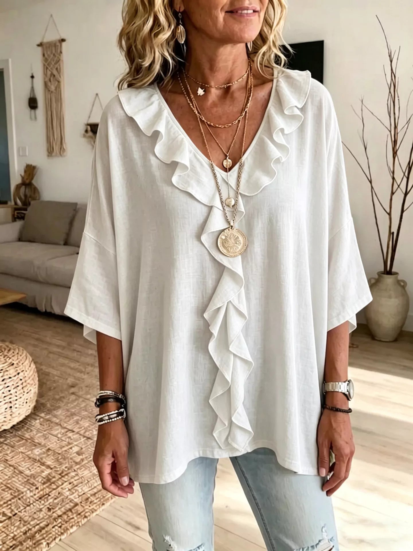 Full Size Ruffled V-Neck 3/4 Sleeve Blouse Plus Size