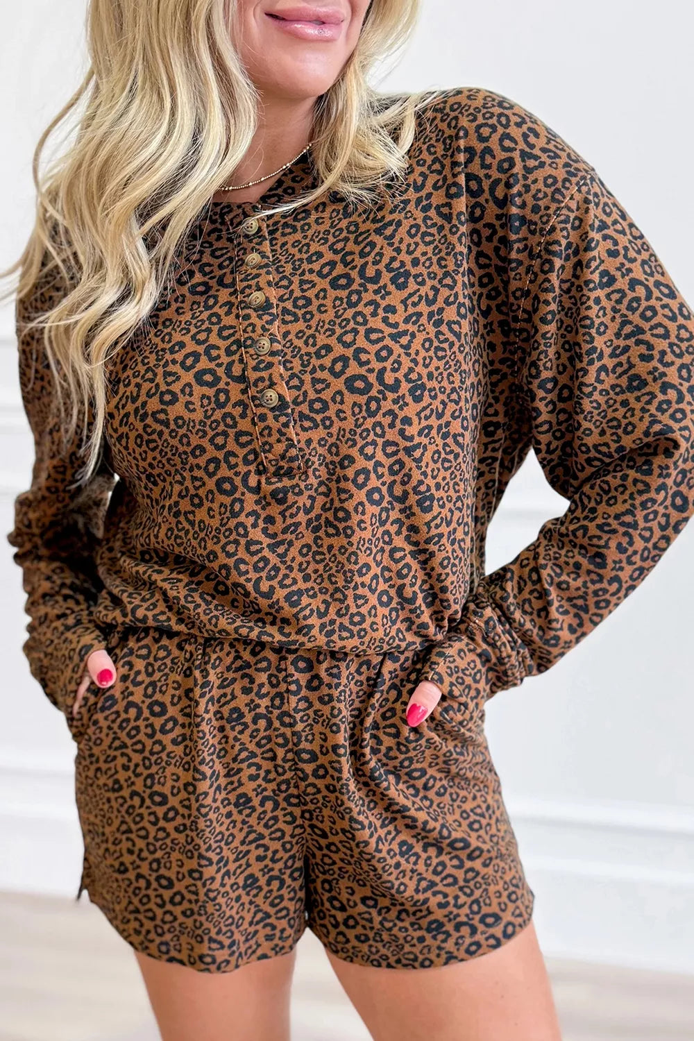 Leopard Print Long Sleeve Henley Top Elastic Waist Shorts 2pcs Outfit