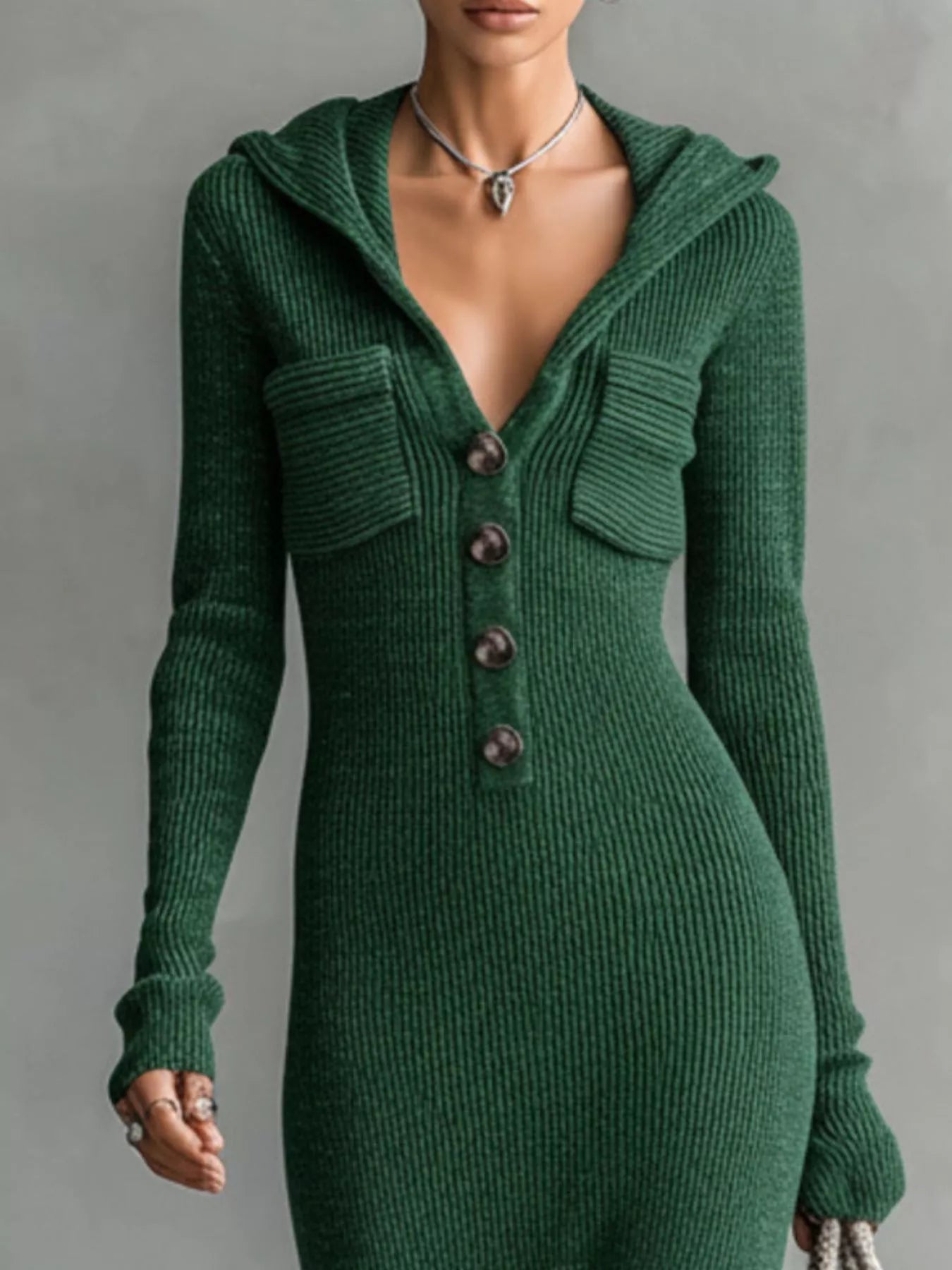 Hooded Knit Maxi Dress with Button-Up Placket and Chest Pockets