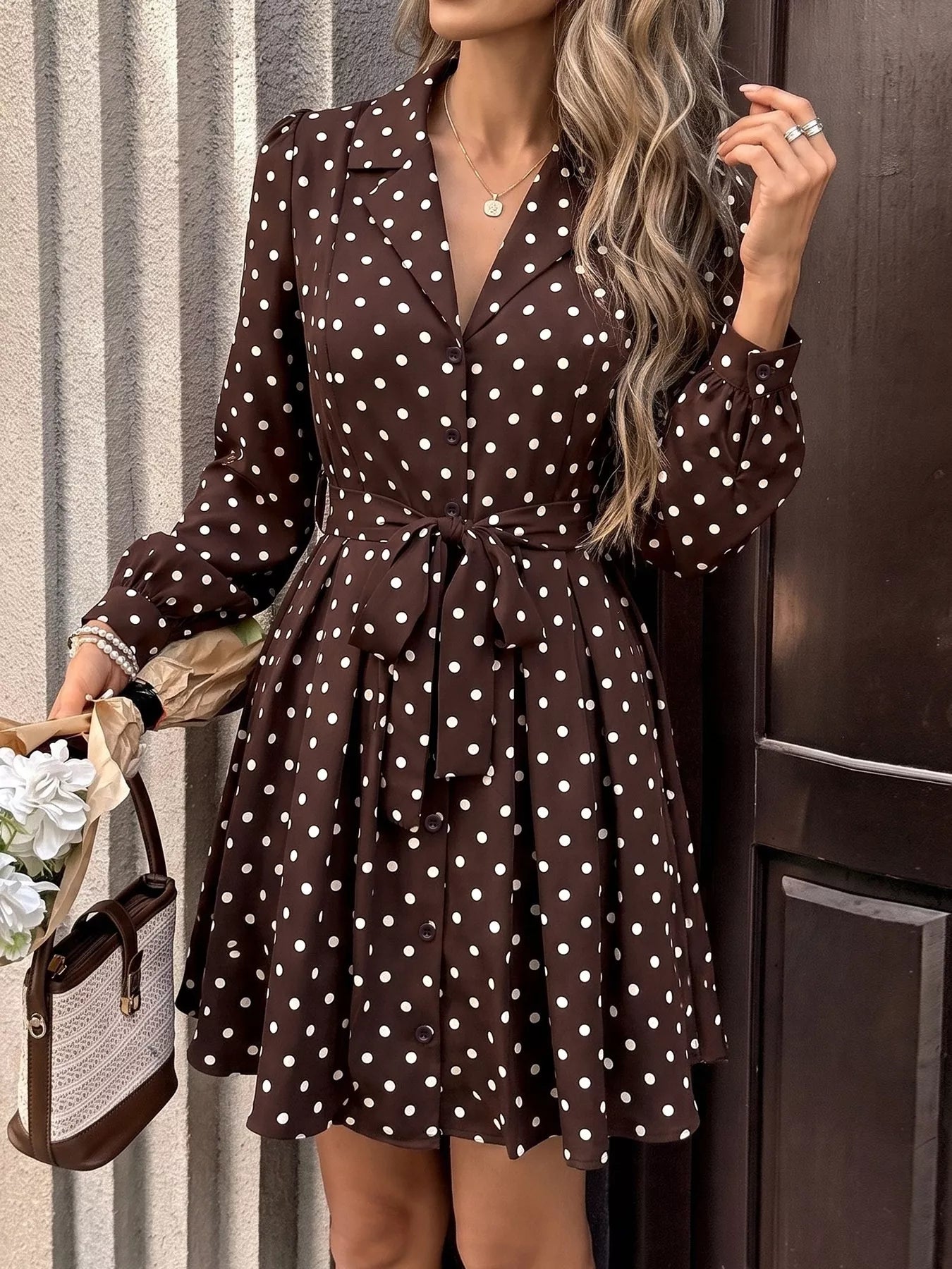Polka Dot Long Sleeve Shirt Dress