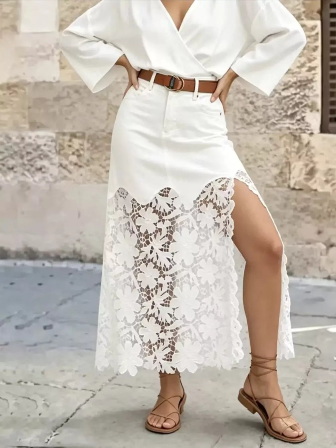 Lace Trimmed Slit Skirt