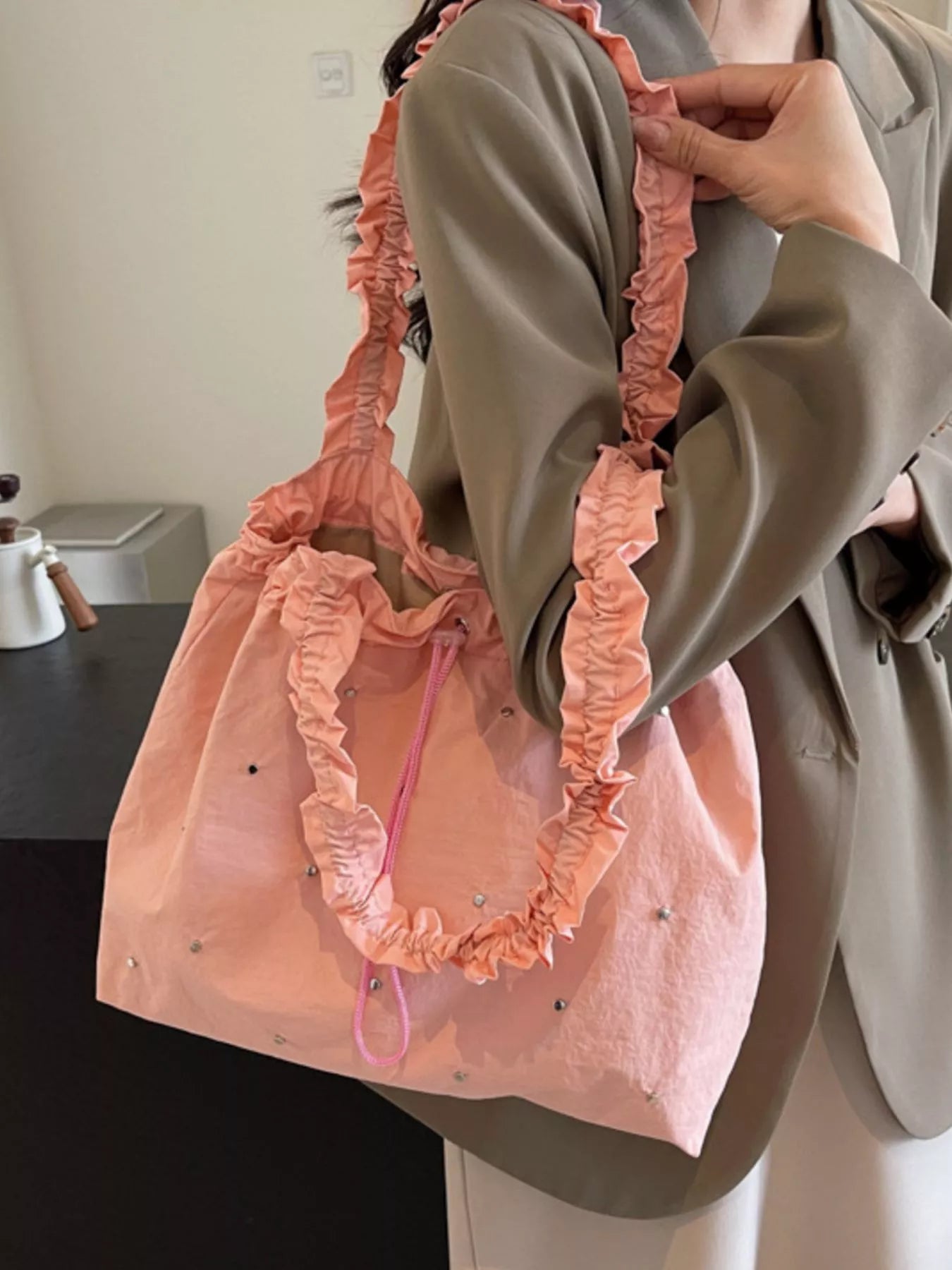 Studded Ruched Strap Handbag
