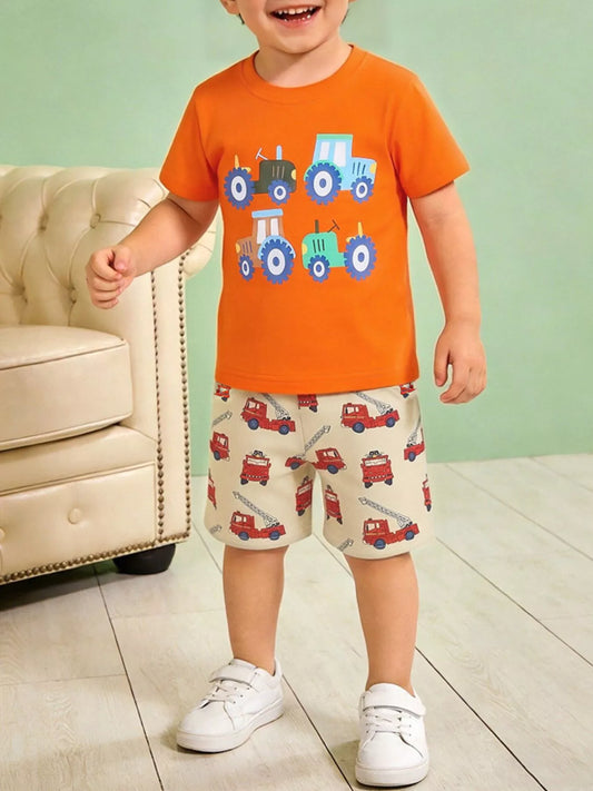 Children's Tractor & Firetruck Print Casual Tee and Shorts Set