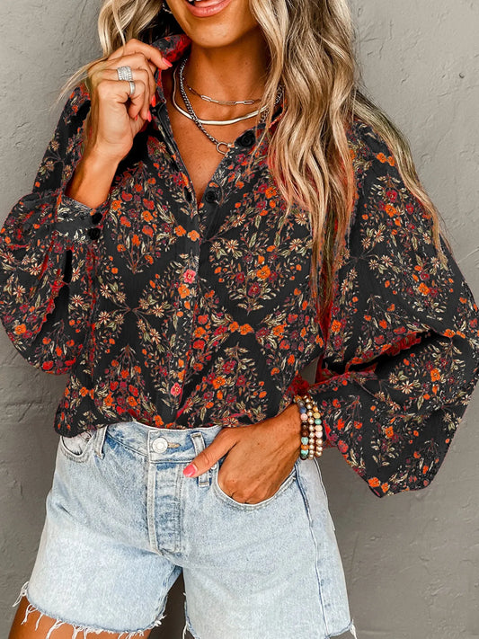 Floral Print Lantern Sleeve Loose Shirt