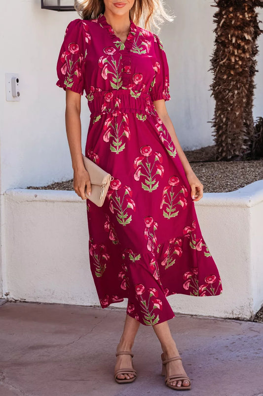 Floral Print Short Sleeve Midi Dress