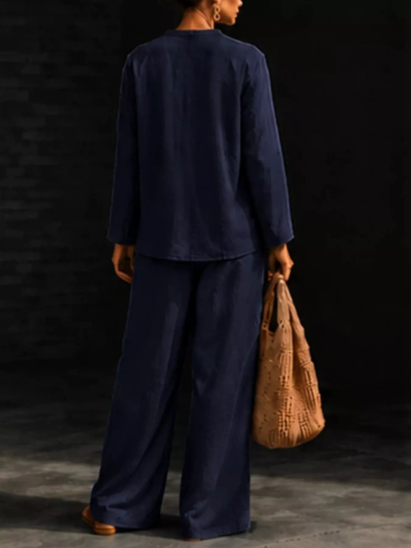 Notched Long Sleeve Top and Pants Set