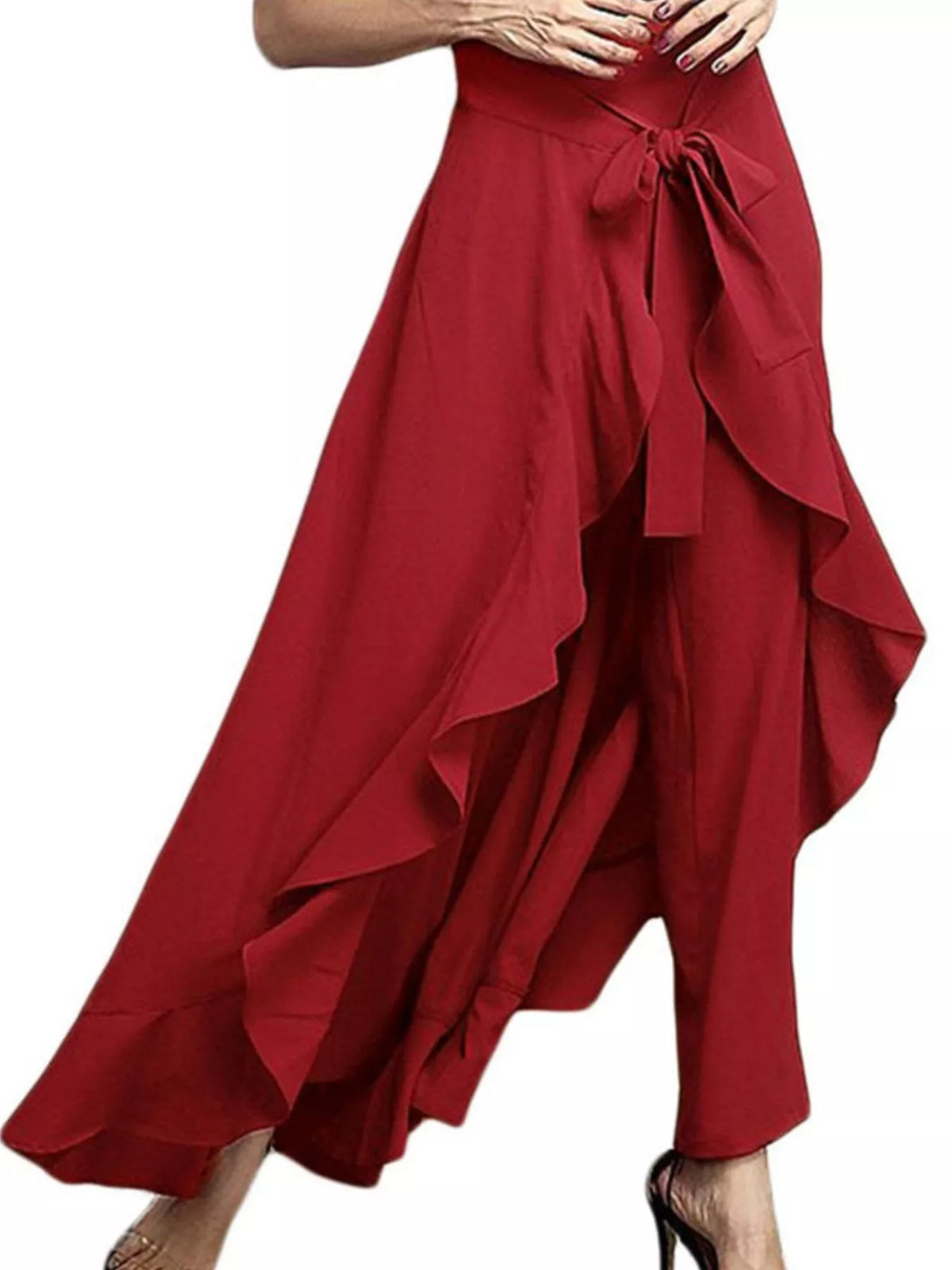 Full Size High-Waisted Tie-Front Ruffled Wide-Leg Pants Plus Size