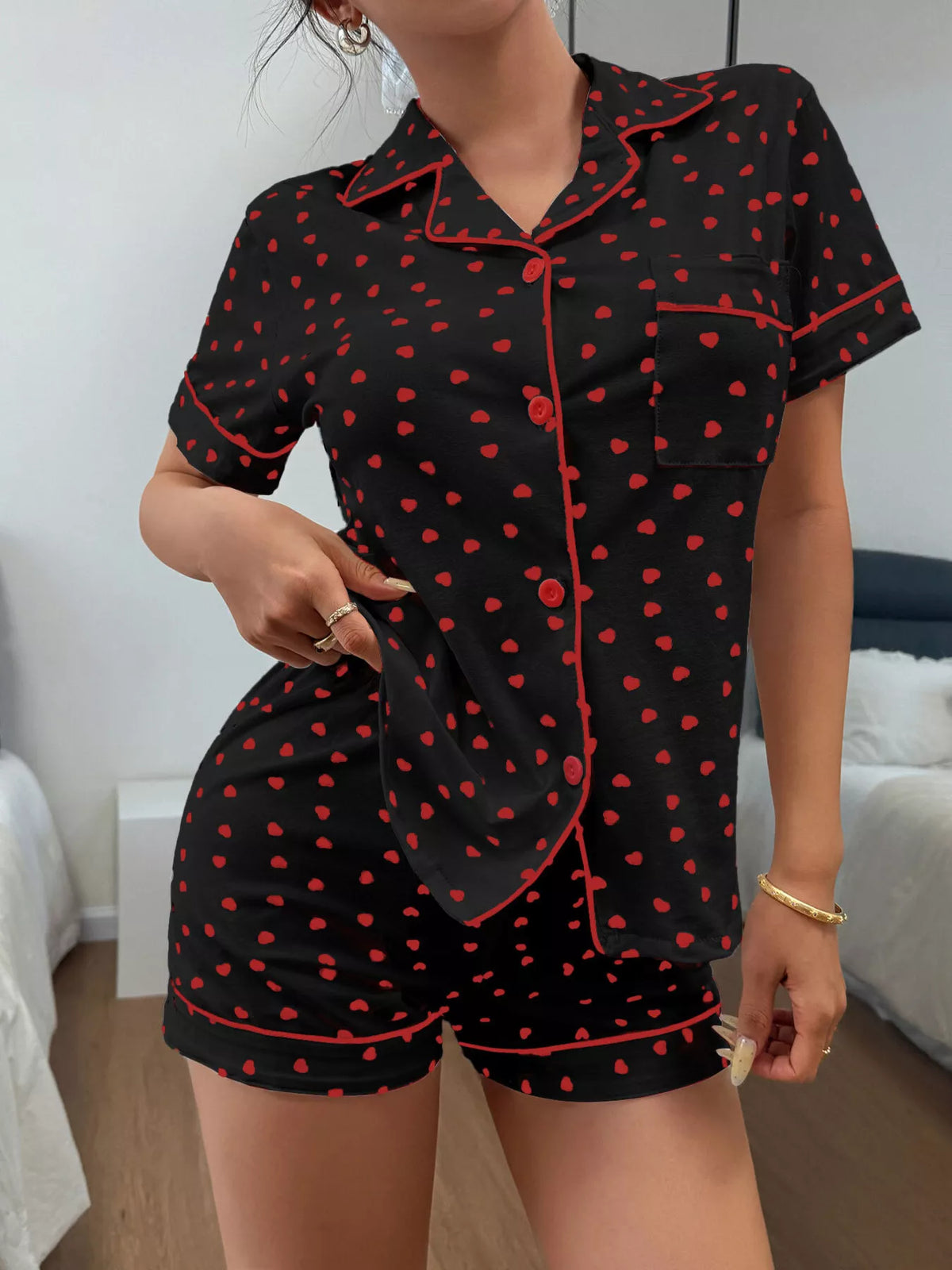 Heart Print Button-Down Short Sleeve Top and Shorts Lounge Set