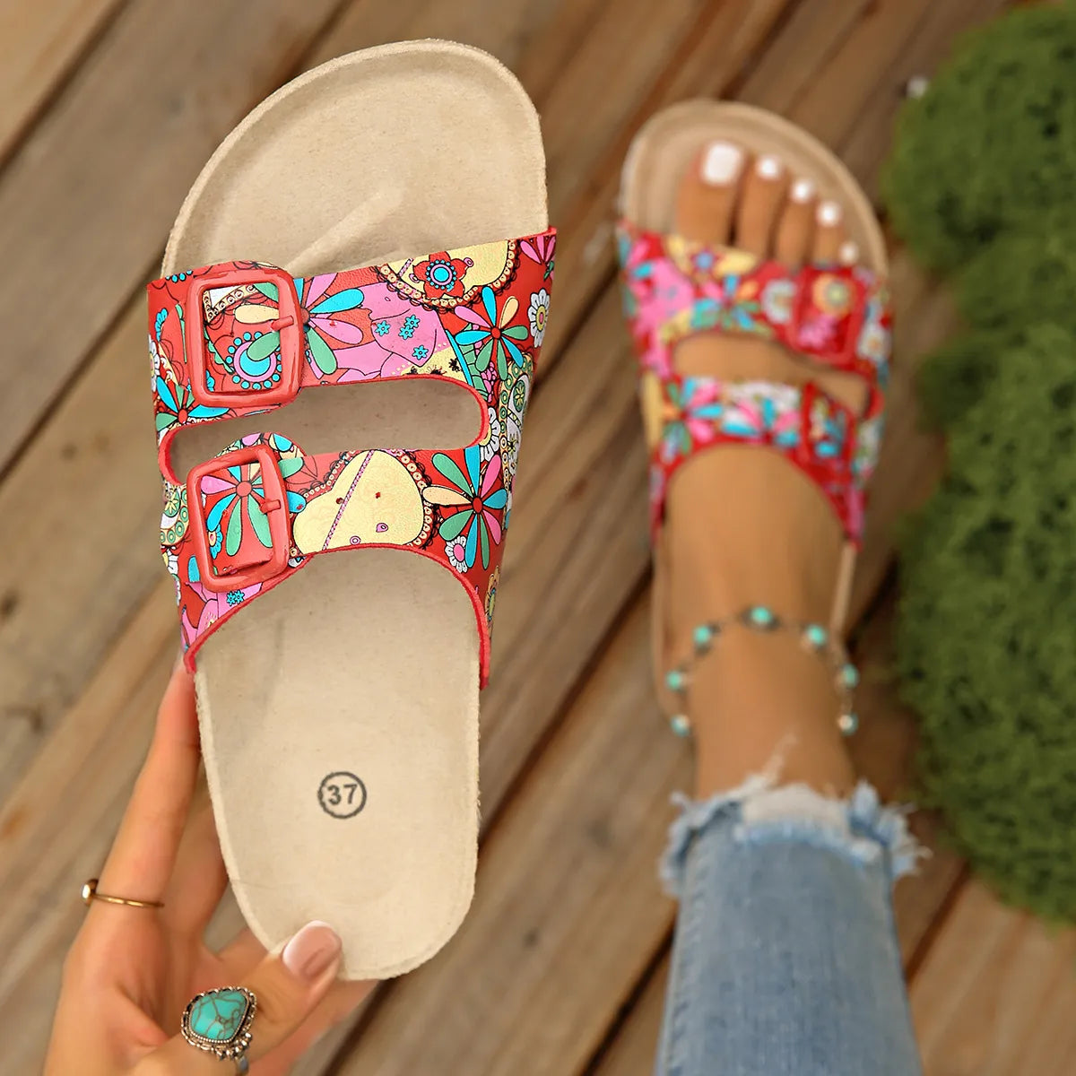Printed Double Buckle Sandals