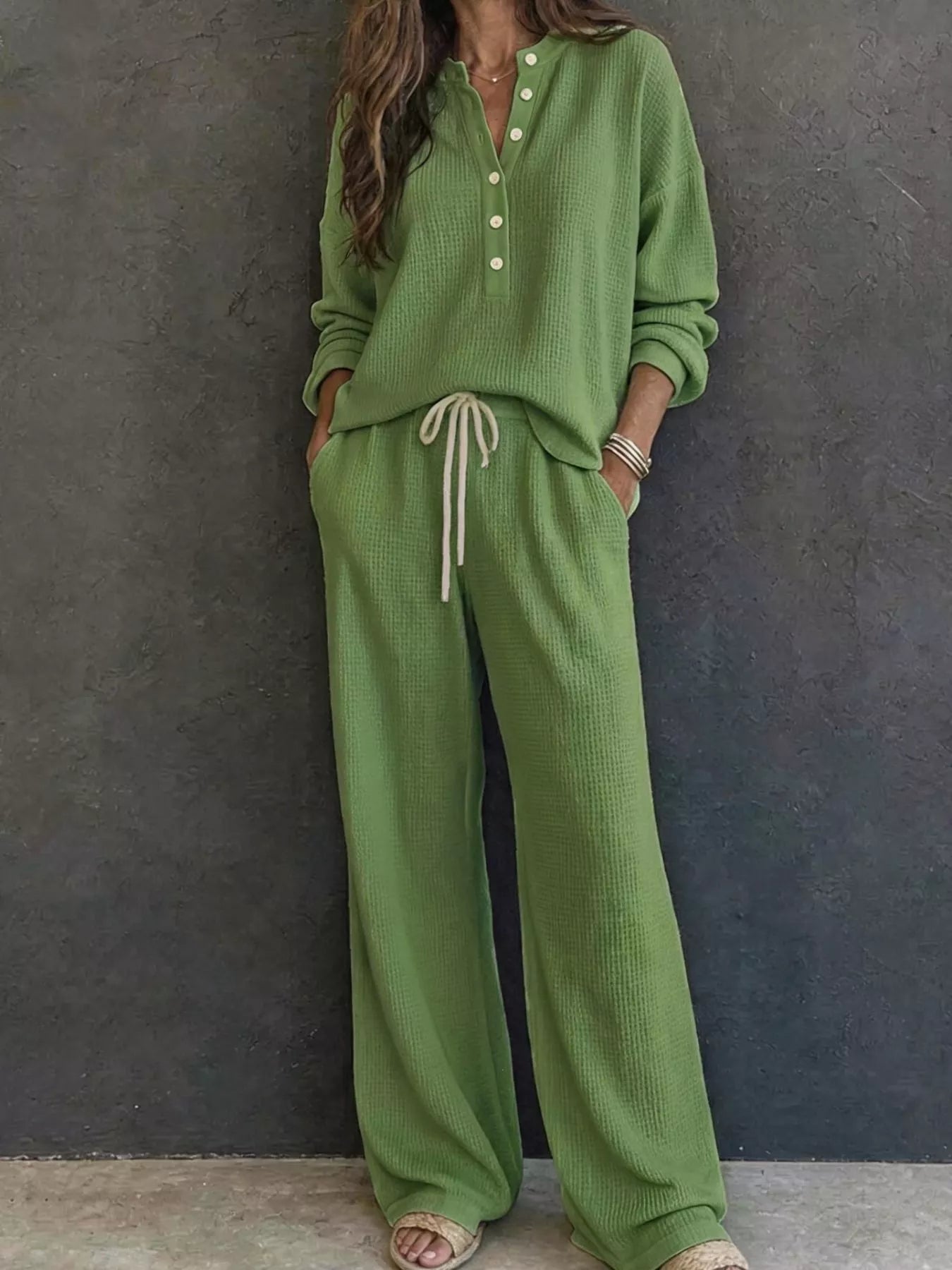 Waffle Knit Henley Top and Wide Leg Pants Set