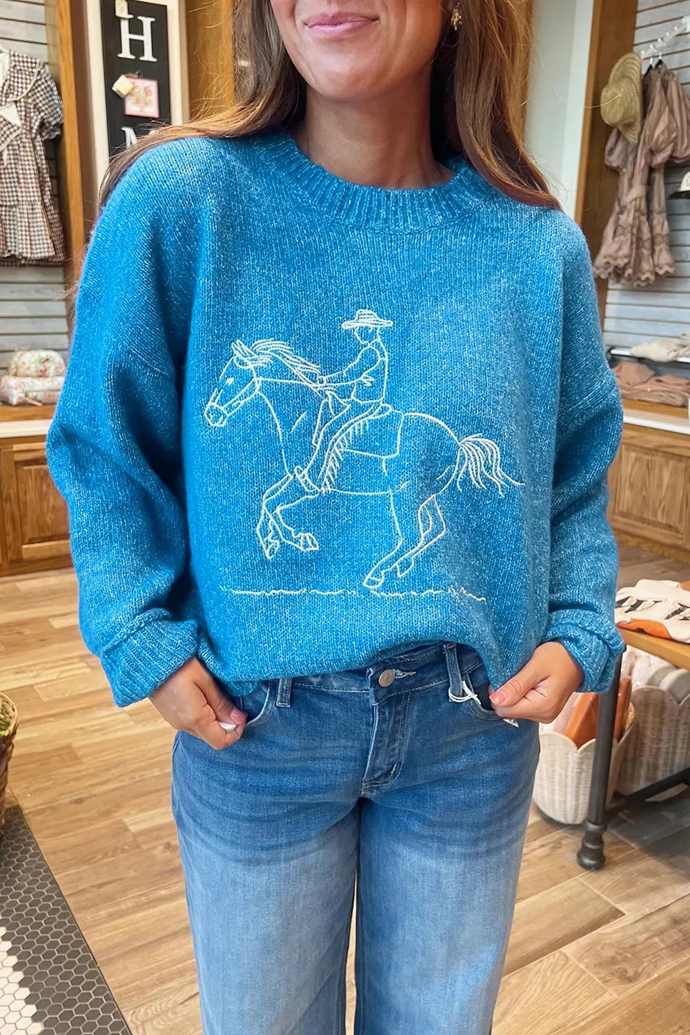 Western Embroidery Drop Shoulder Sweater