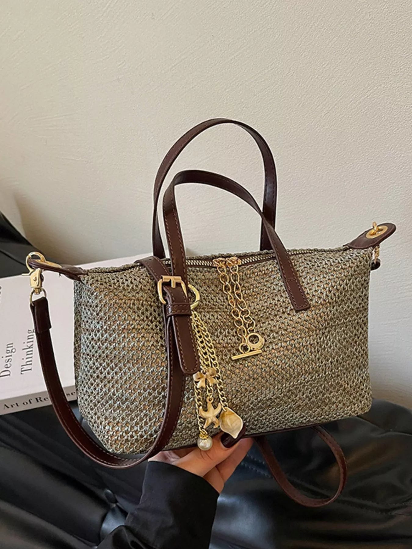 Woven Crossbody Bag with Gold Chain Accents
