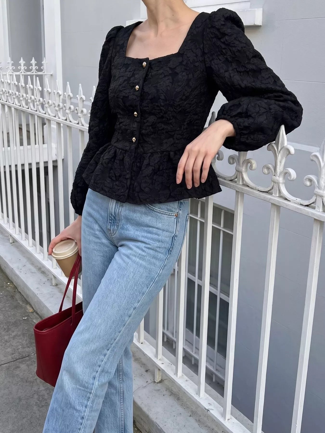 Square Neck Textured Peplum Blouse