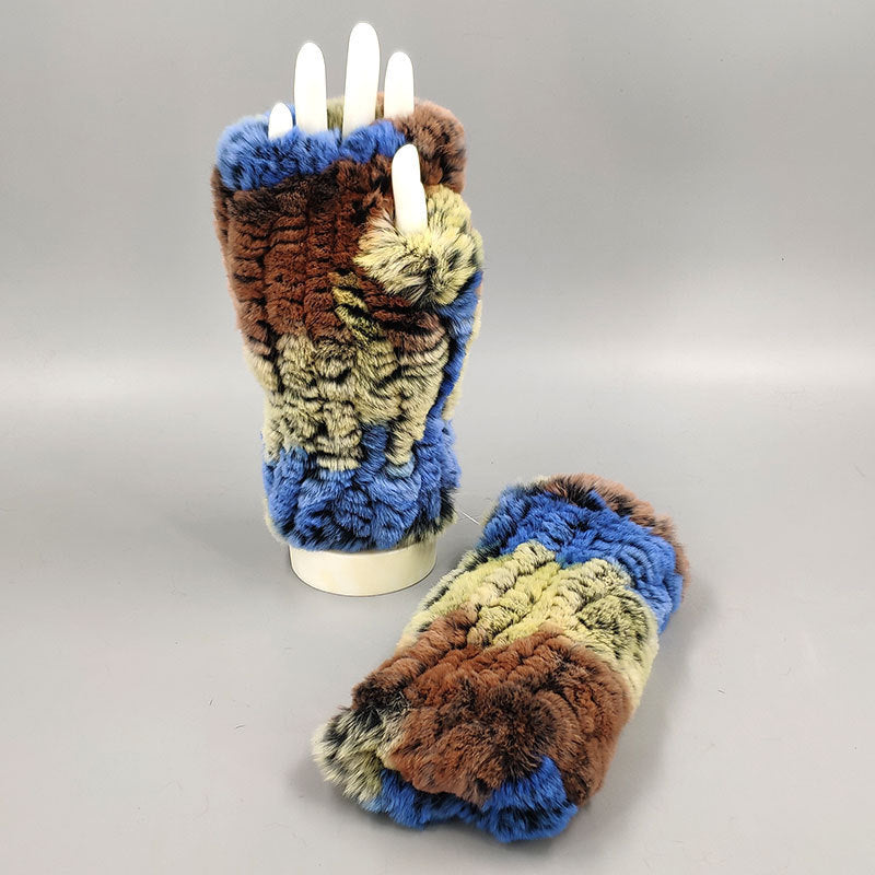 Winter Wristband Mid-Length Gloves - Rex Rabbit Fur Insulation With Striped Half-Finger Design