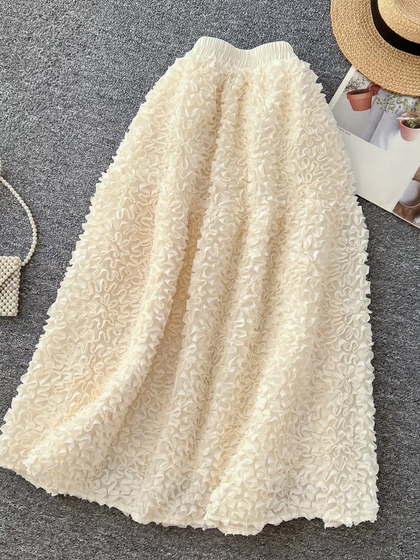 Elegant 3D Lace Trim High‑Waist A‑Line Midi Skirt
