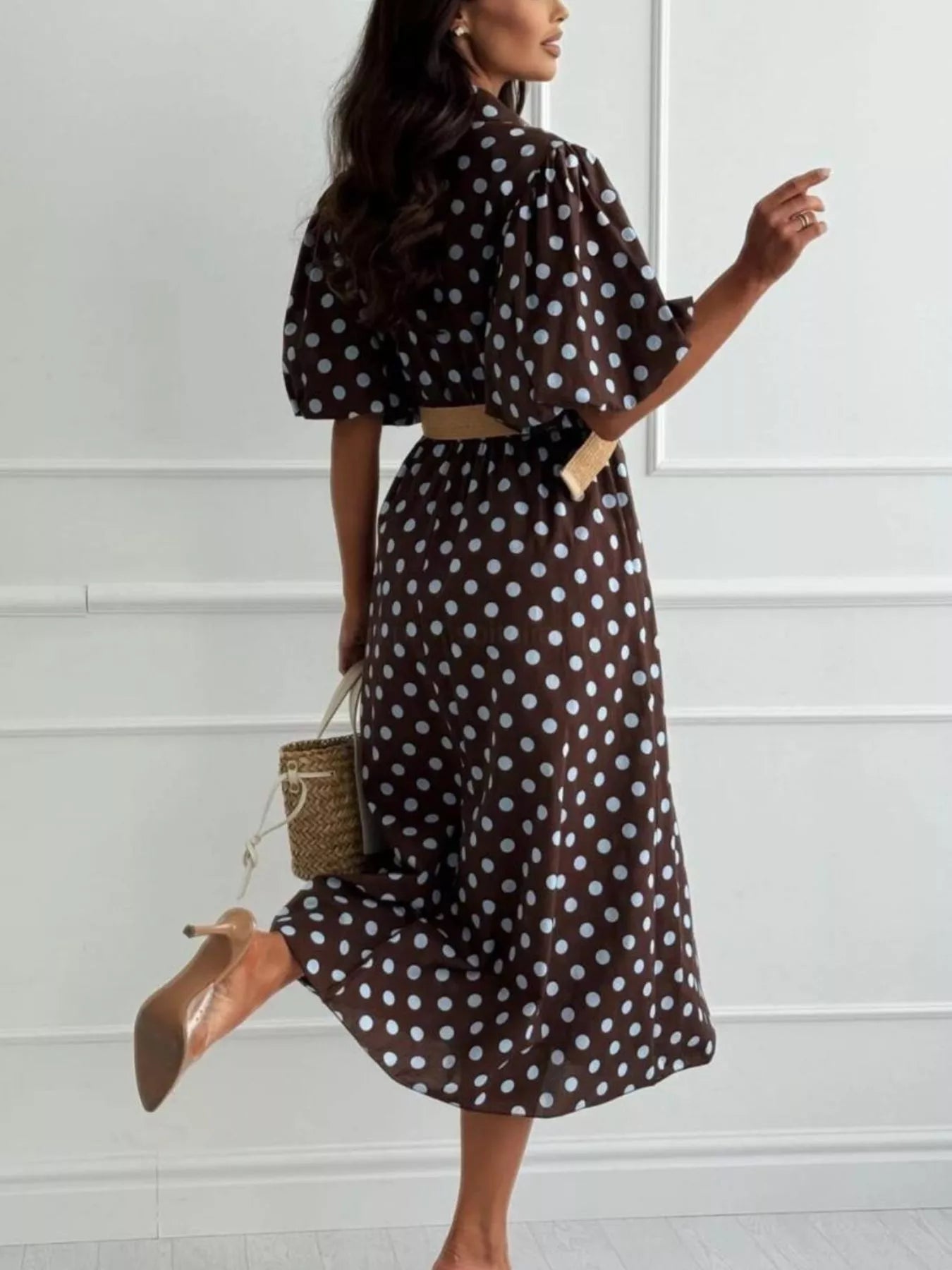 Polka Dot Puff Sleeve Midi Dress