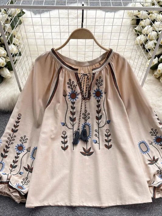 Embroidered Tie Neck Blouse