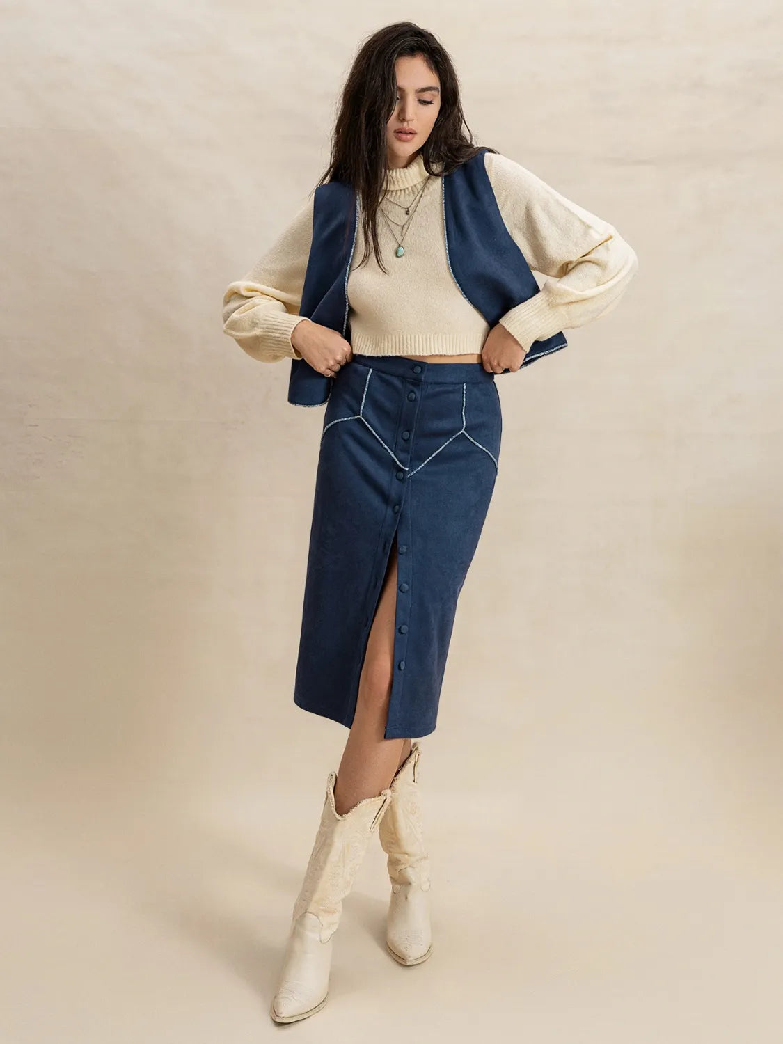 Open Front Vest and Buttoned Skirt Set