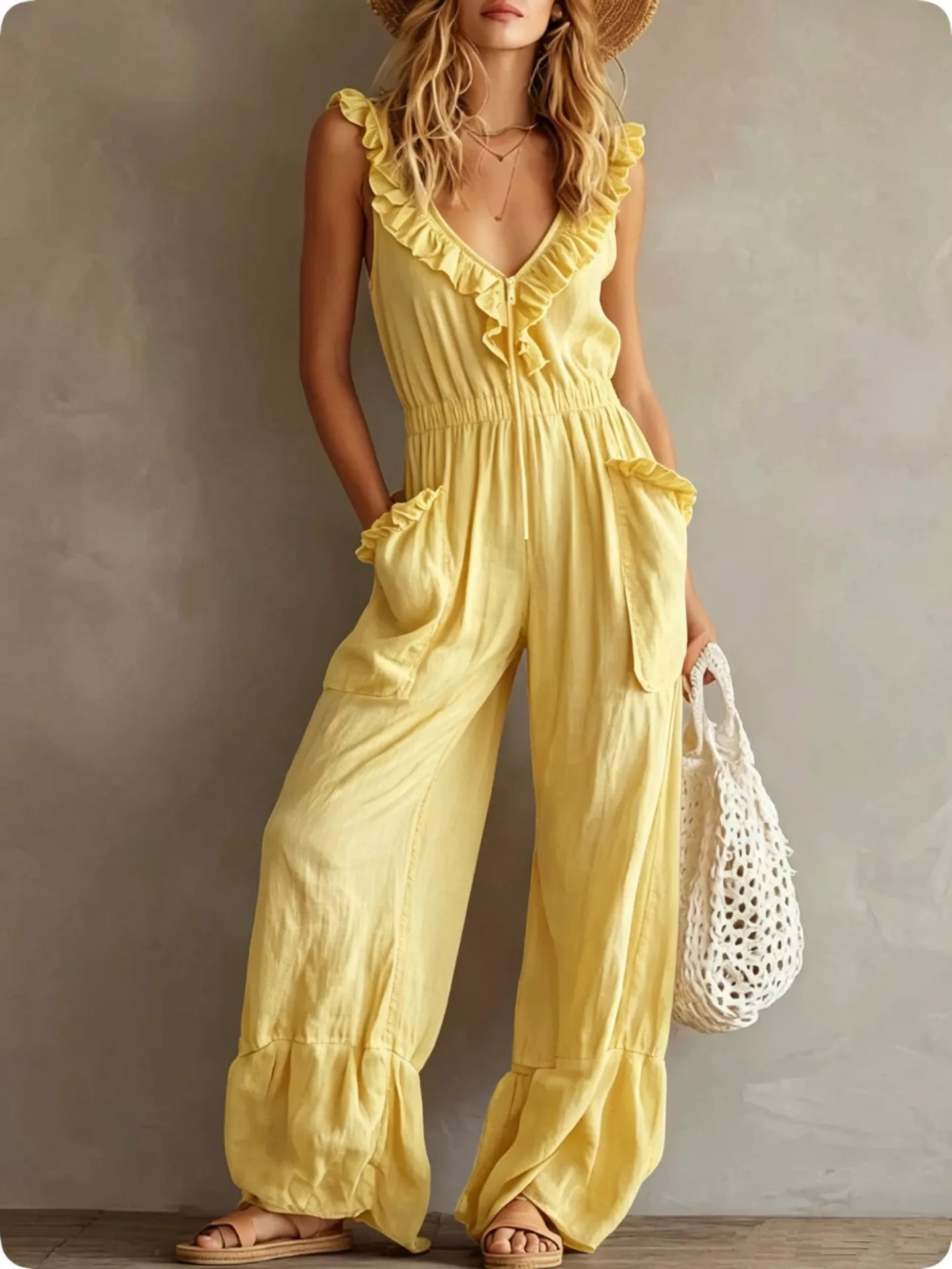 Ruffled V-Neck Wide Leg Jumpsuit