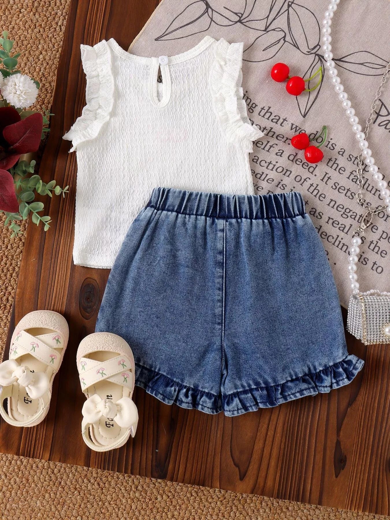 Children's Cherry Embroidered Top and Denim Shorts Set