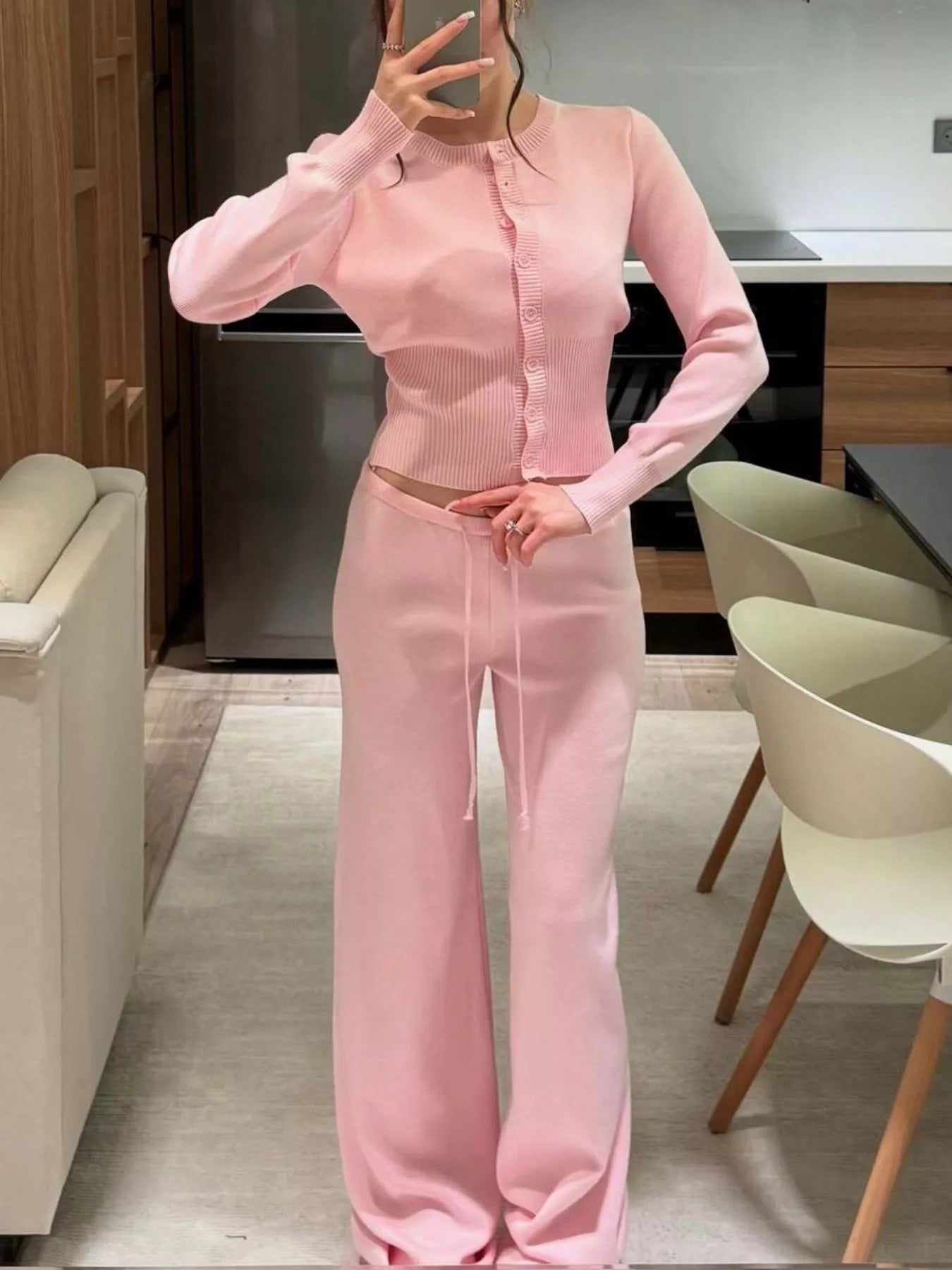 Button Up Cardigan and Pants Knit Set