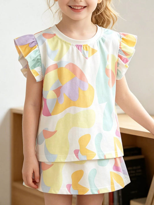 Children's Abstract Print Ruffle Sleeve T-Shirt
