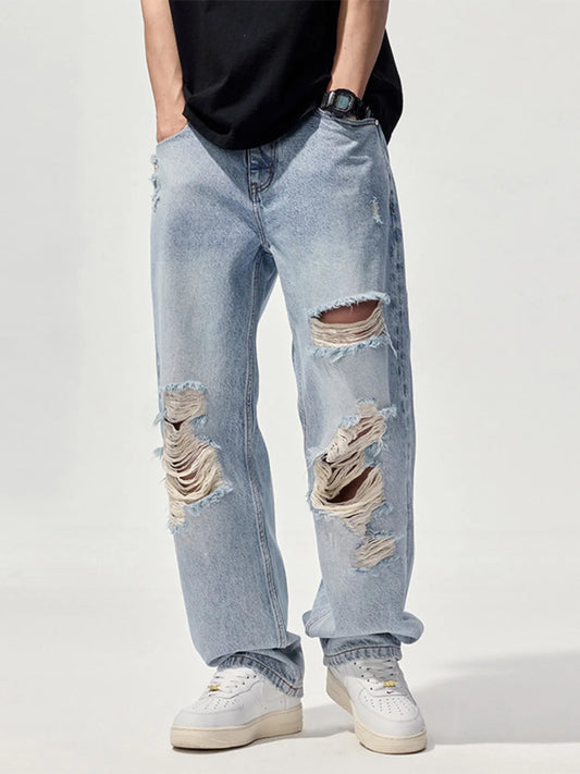 Men's Distressed Washed Wide Leg Jeans