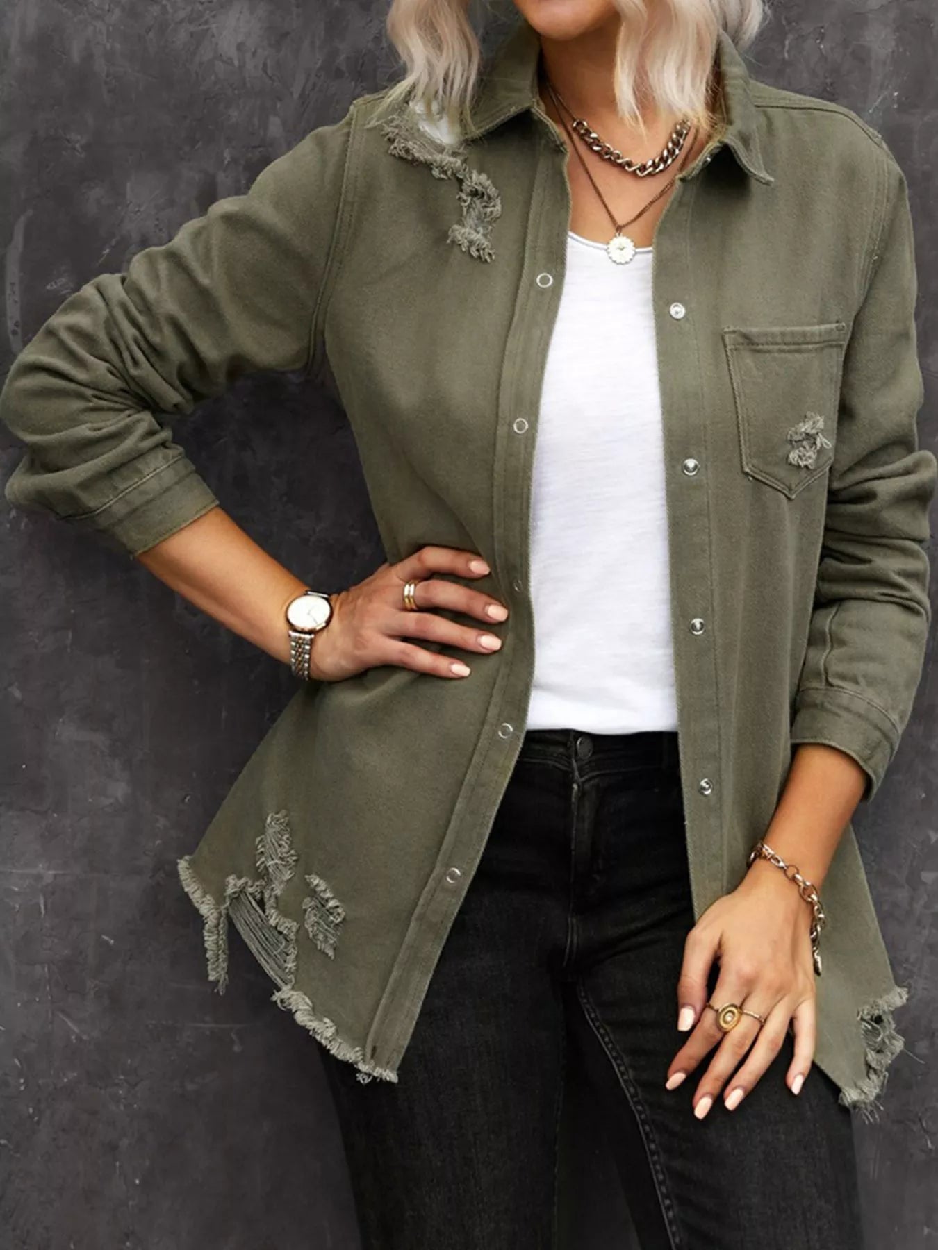 Raw Hem Distressed Denim Shirt Jacket