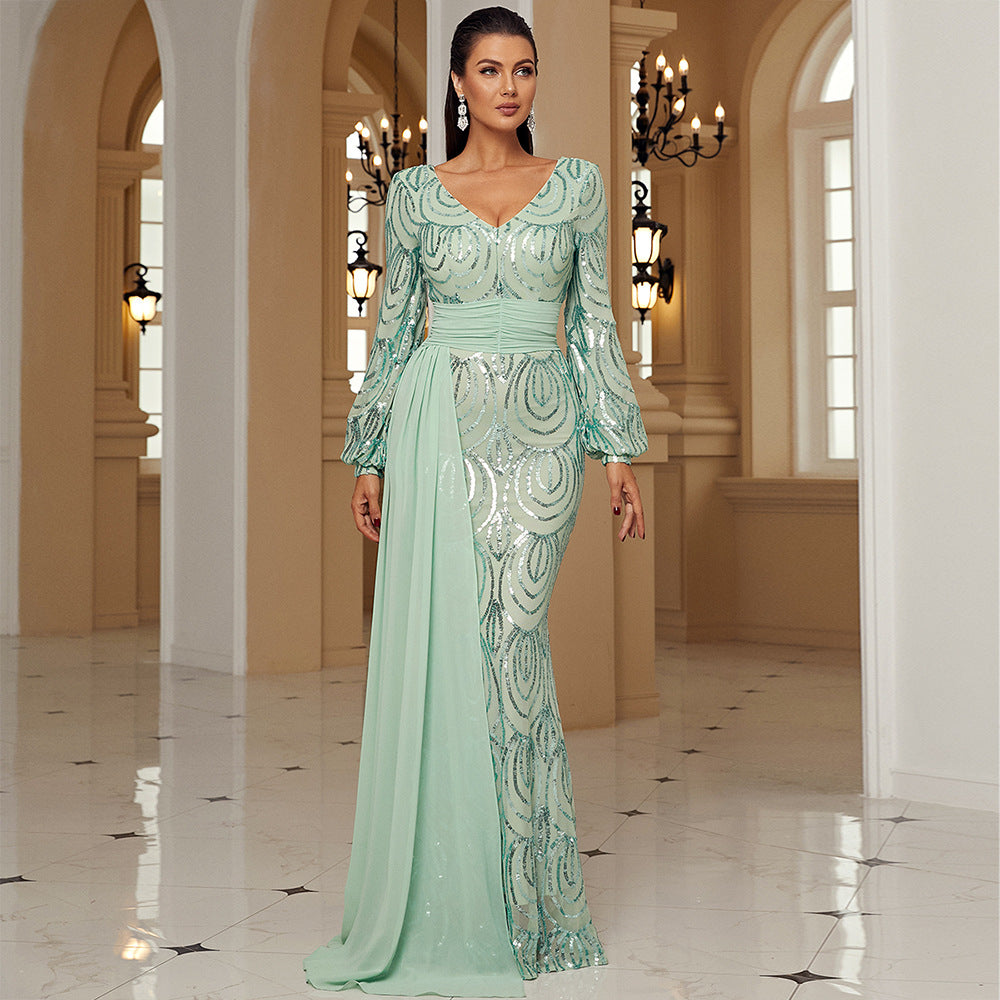 Long Sleeve Sexy Long Sequined V-neck Banquet Ribbon Evening Dress (See size chart where applicable)