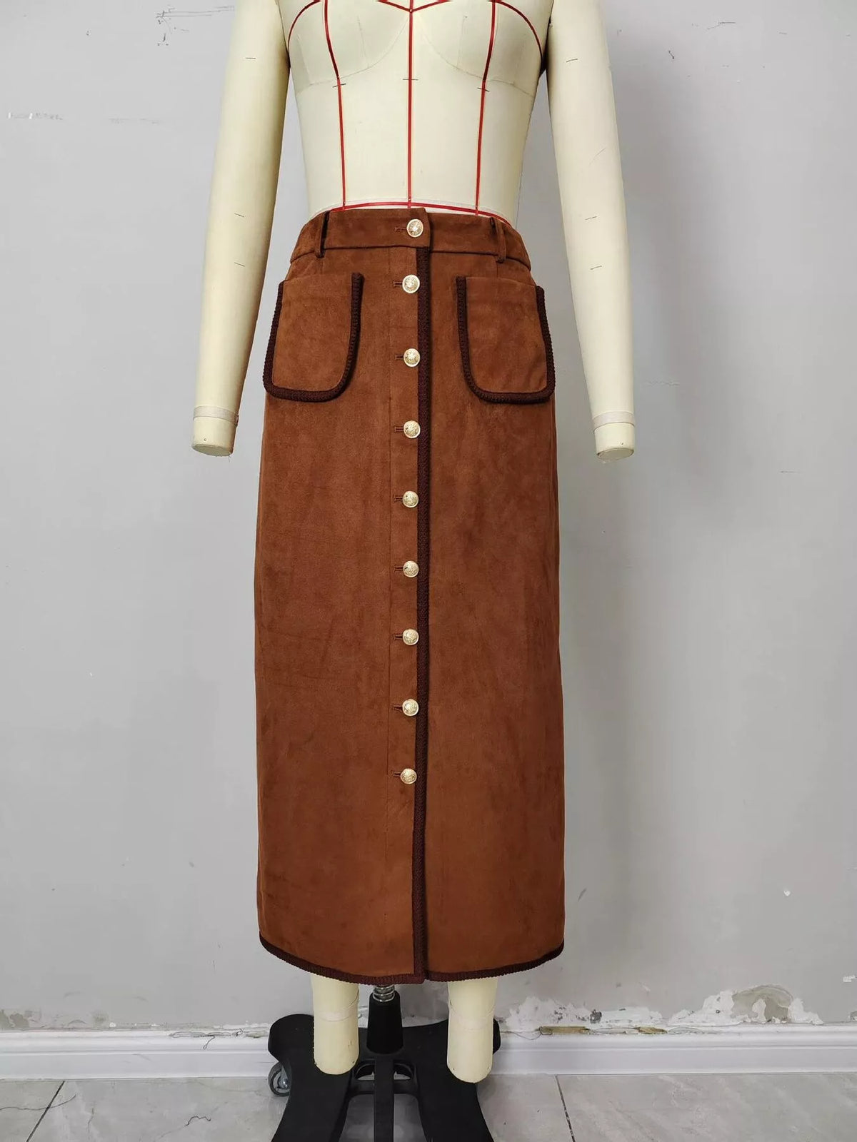 High-Waisted Button-Front Midi Skirt