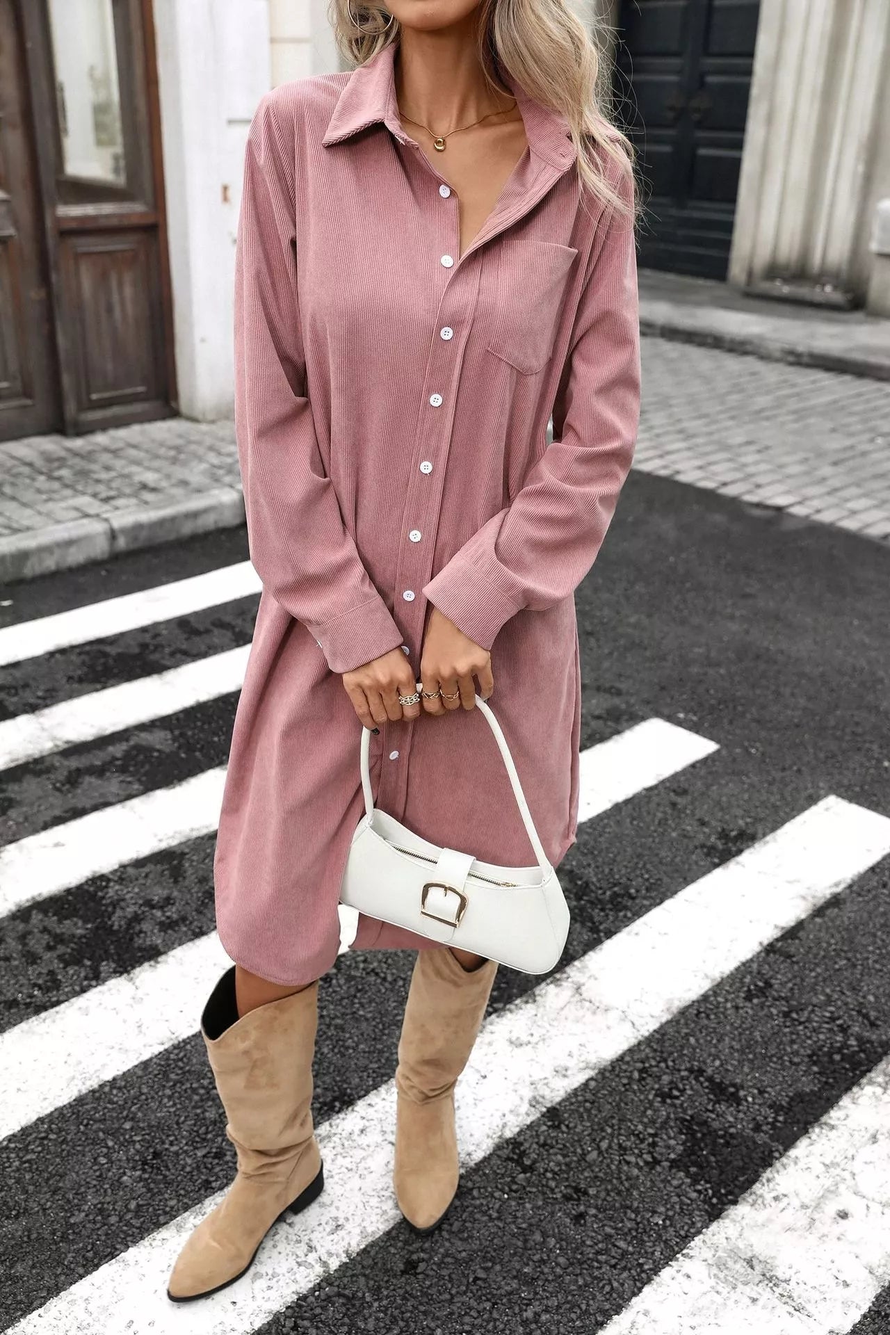 Corduroy Shirt Dress with Button-Down Front