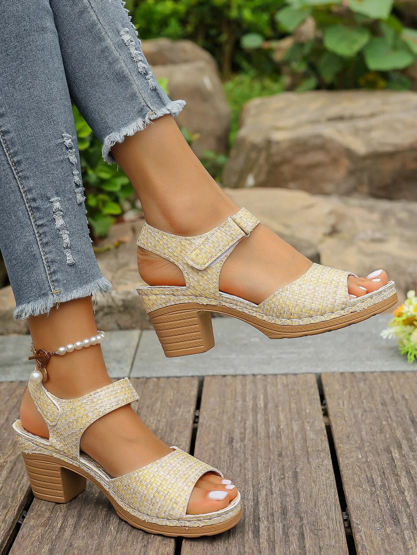 Block Heel Sandals with Ankle Strap