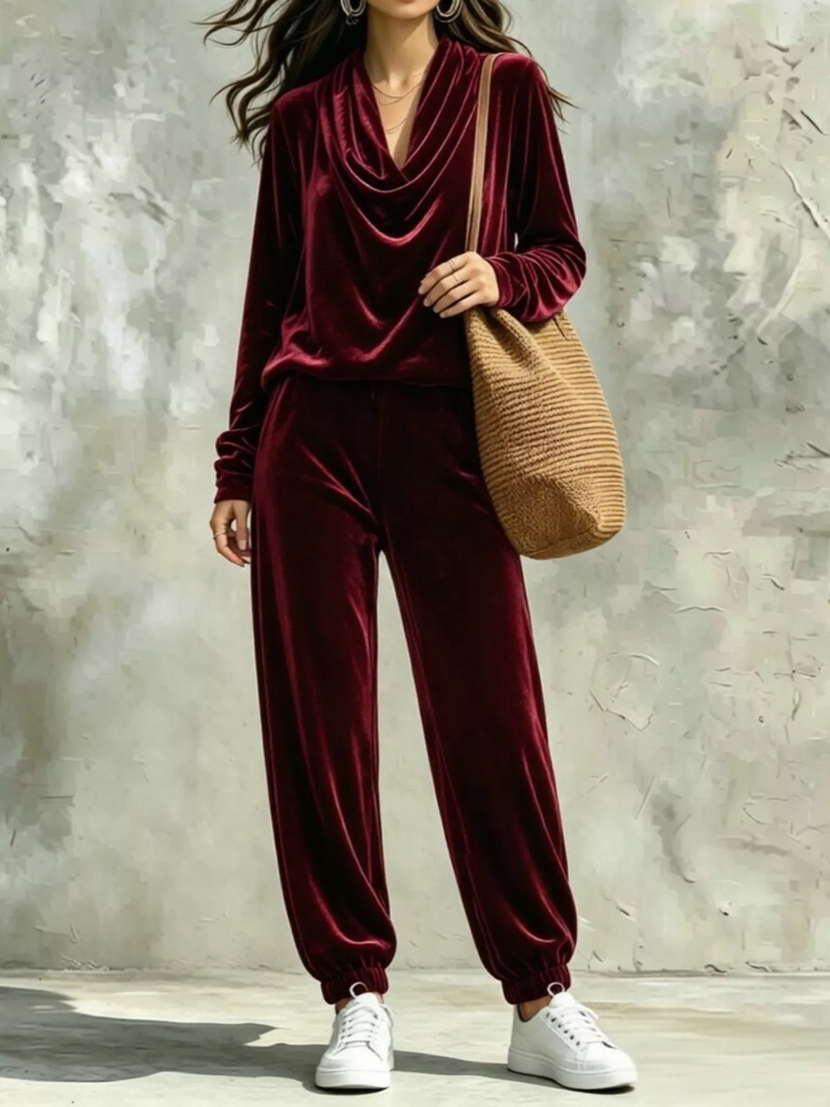 Full Size Velvet Cowl Neck Long Sleeve Top and Pants Set Plus Size