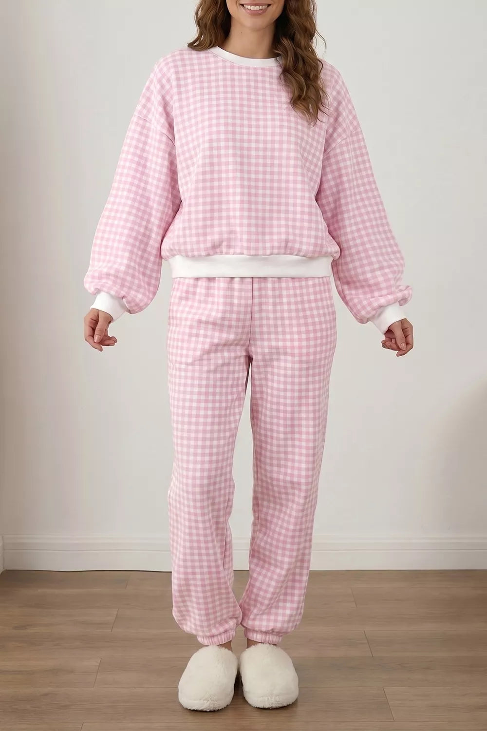 Gingham Round Neck Top and Pants Set