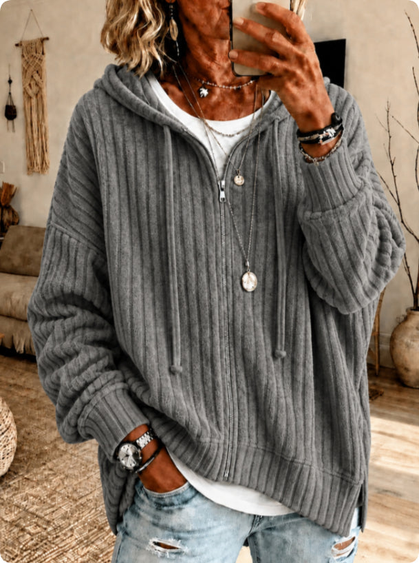 Women's Textured Zip-Front Drawstring Hoodie