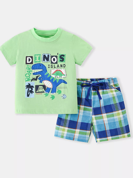 Children's Dino Island Graphic T-shirt and Plaid Shorts Set