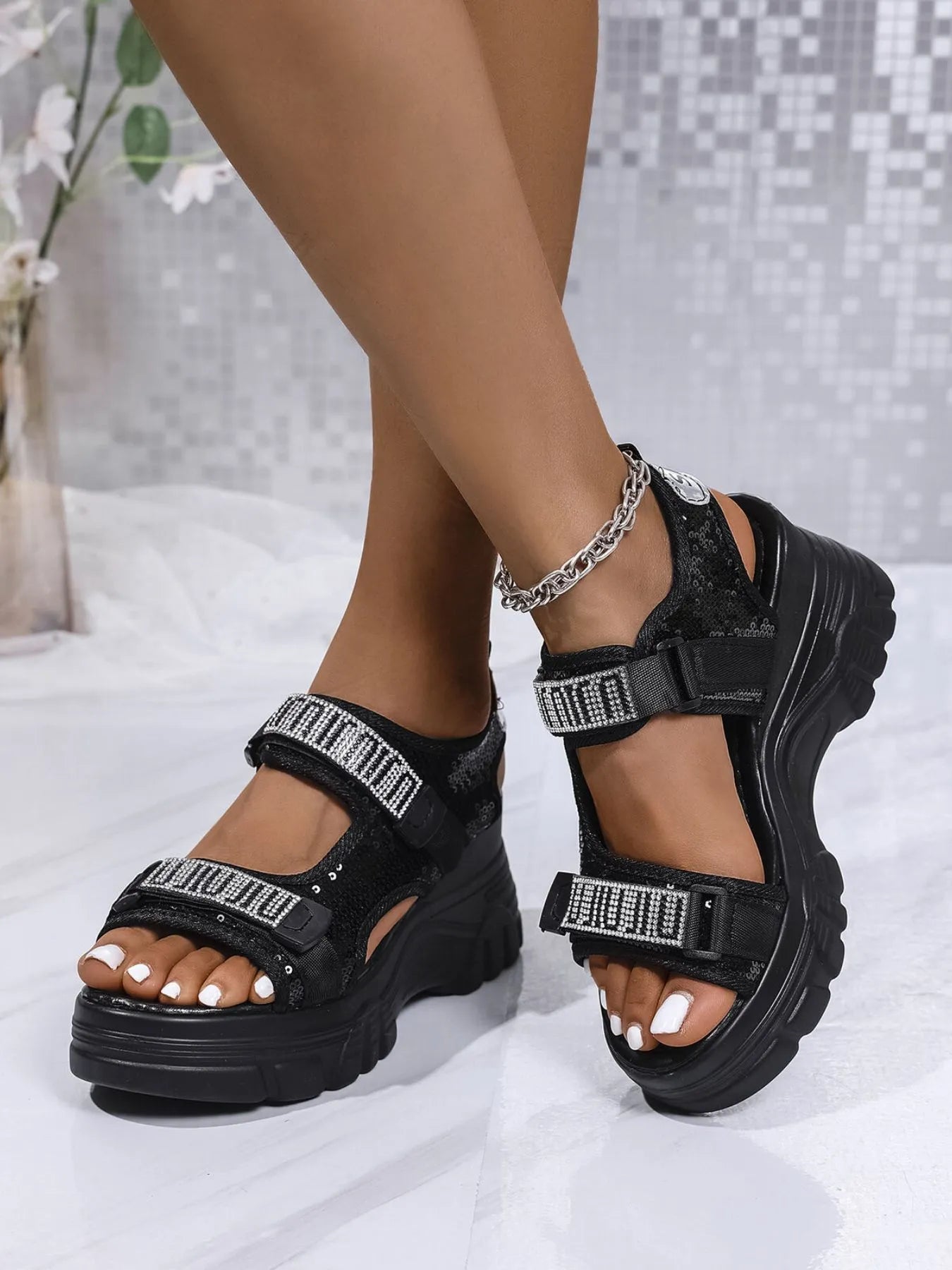 Rhinestone Open Toe Wedge Sandals