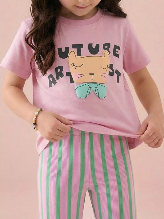 Children's Cat Graphic Round Neck T-Shirt