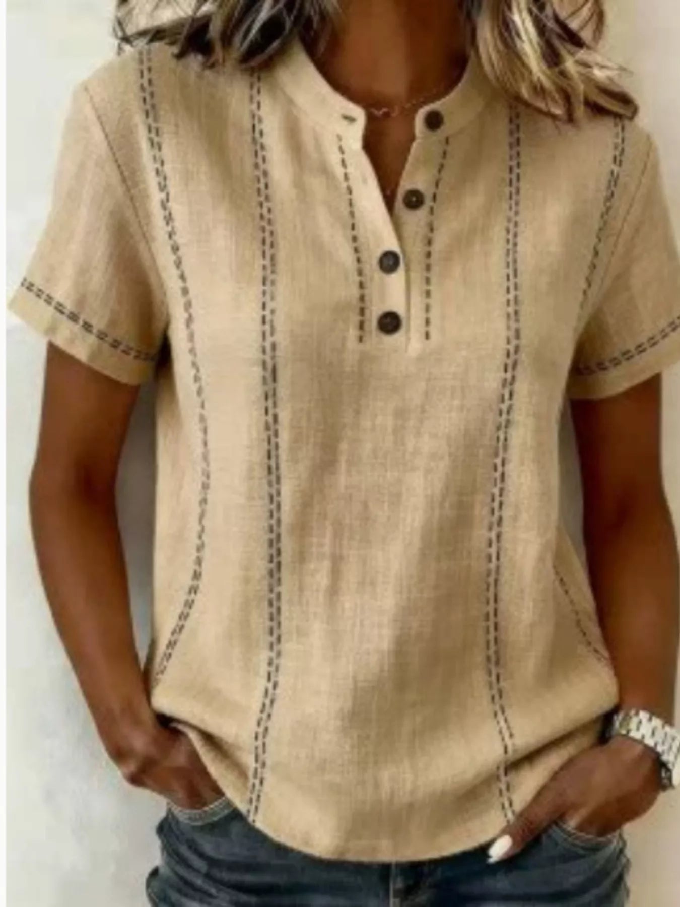 Full Size Button Detail Short Sleeve Blouse Plus Size