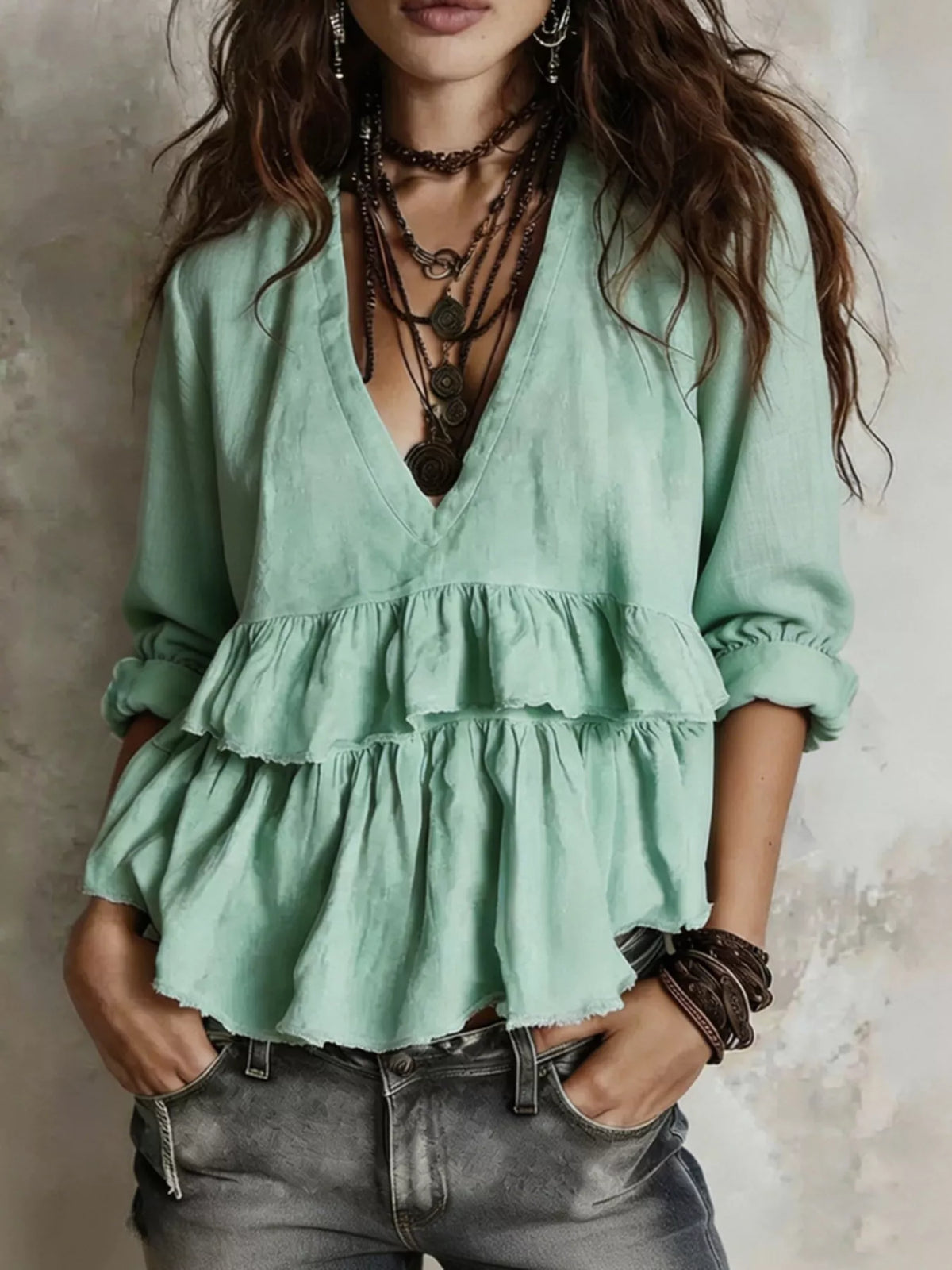 Full Size Ruffled Hem V-Neck Blouse Plus Size