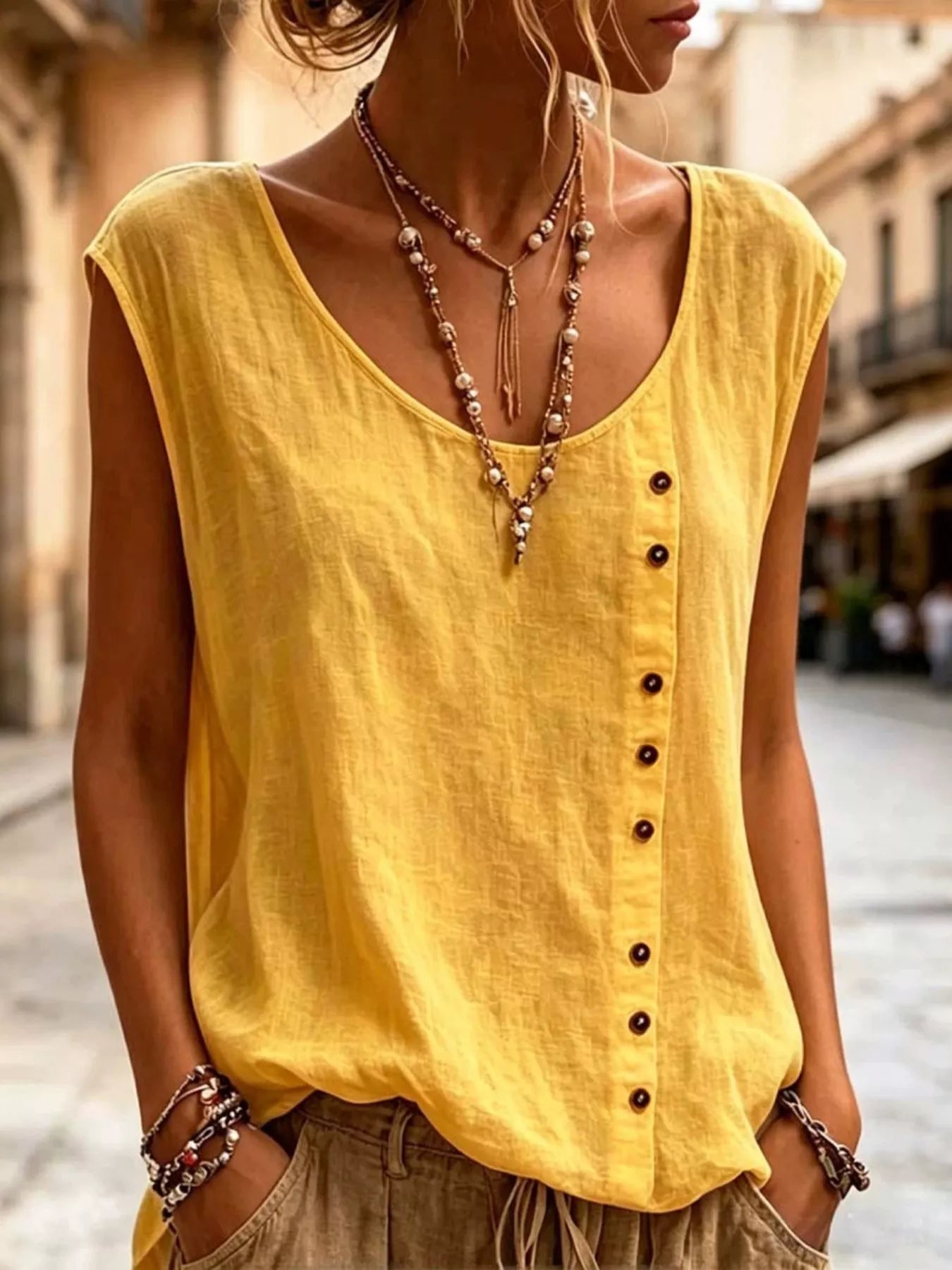 Full Size Round Neck Decor Button Tank Plus Size
