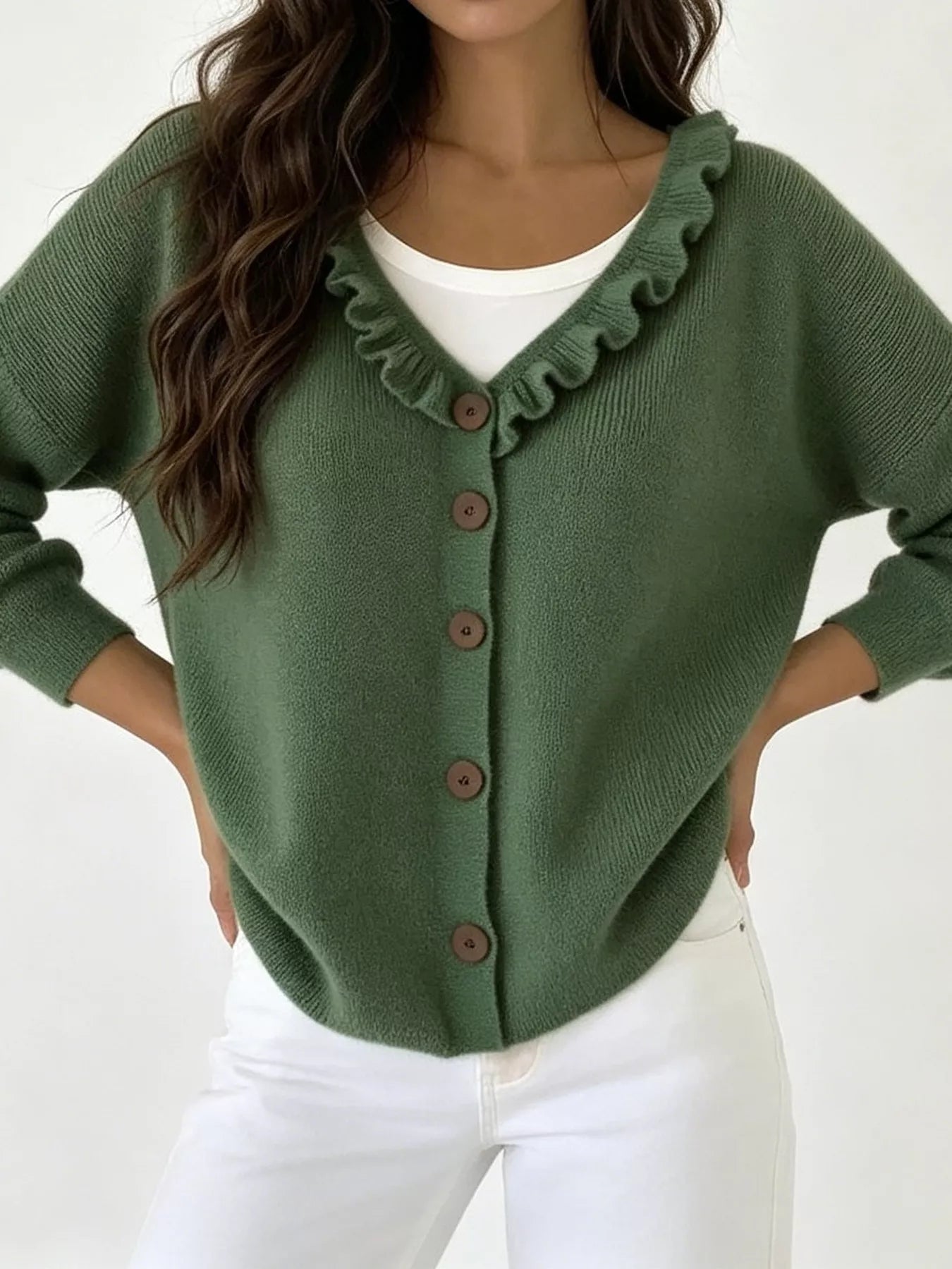 Ruffled Neckline Button-Up Cardigan