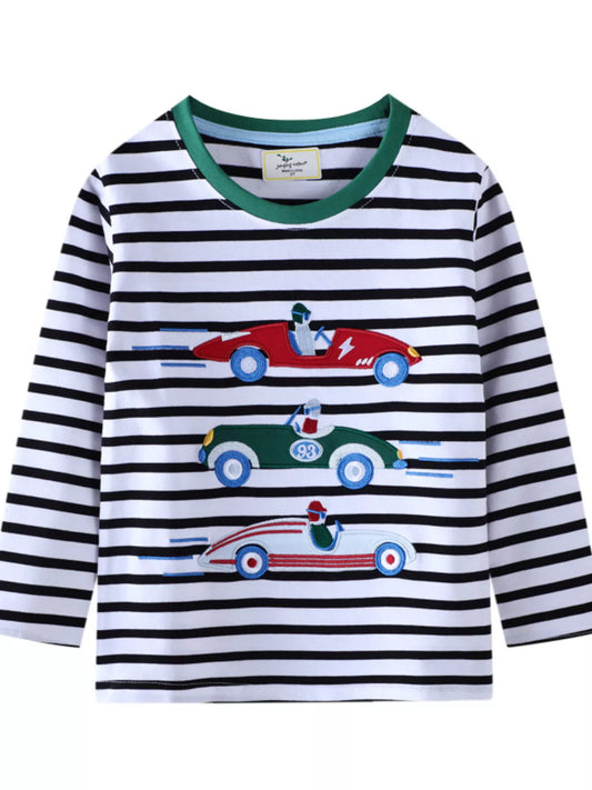 Children's Racing Car Embroidered Striped Long Sleeve T-Shirt