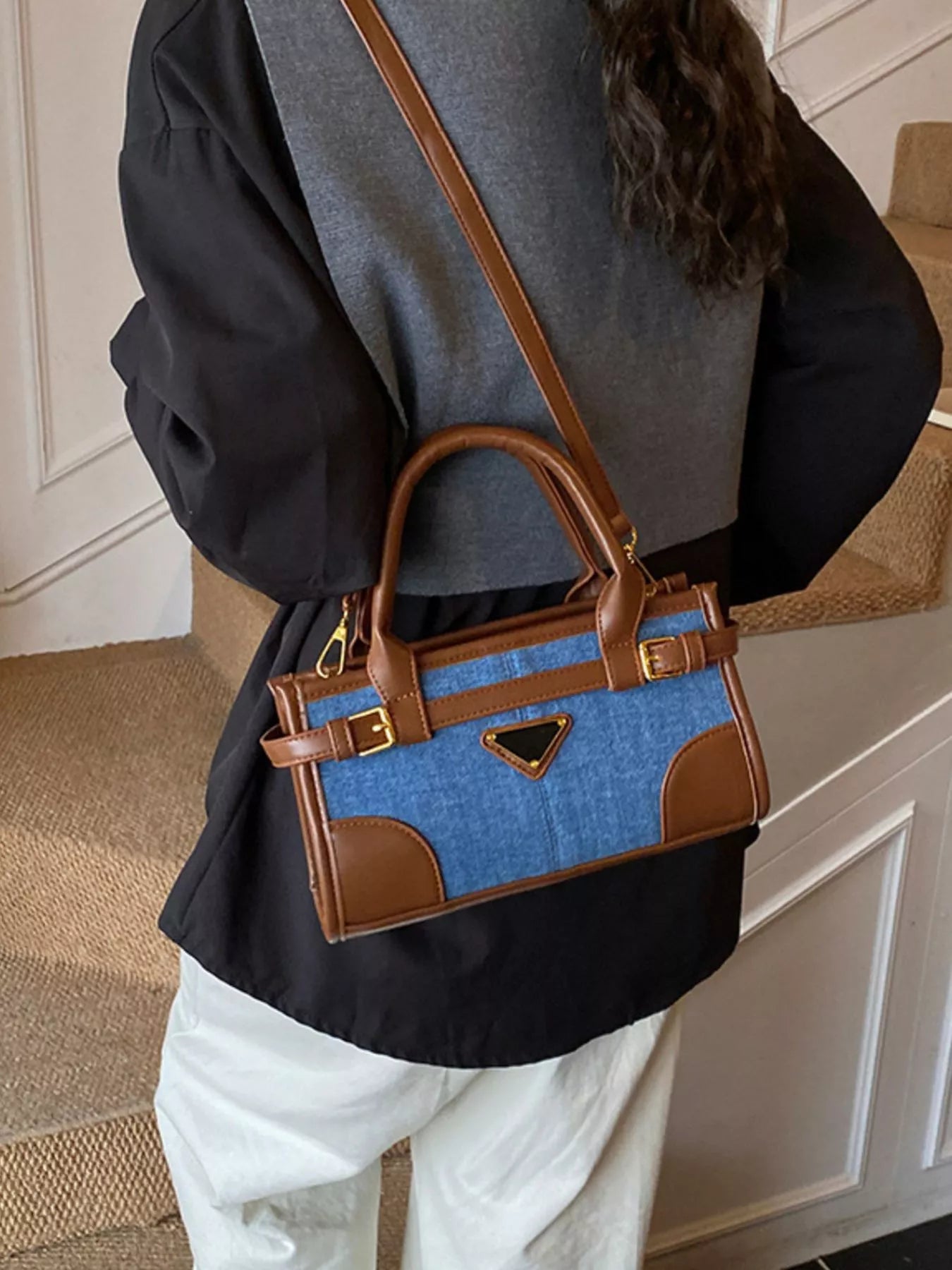 Denim Patchwork Buckle Decor Crossbody Bag