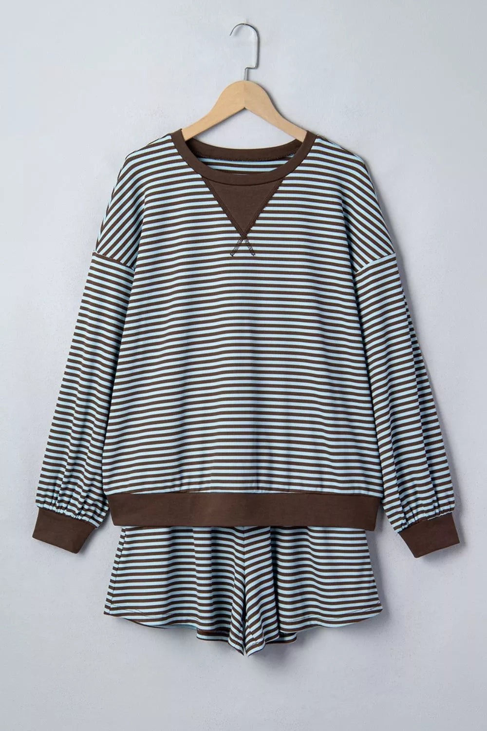 Stripe Oversized Long Sleeve Top Drawstring Loose Shorts 2pcs Set