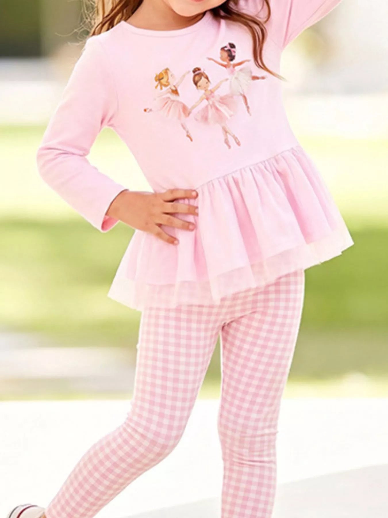 Children's Ballet Dancer Print Peplum Top and Gingham Leggings Set