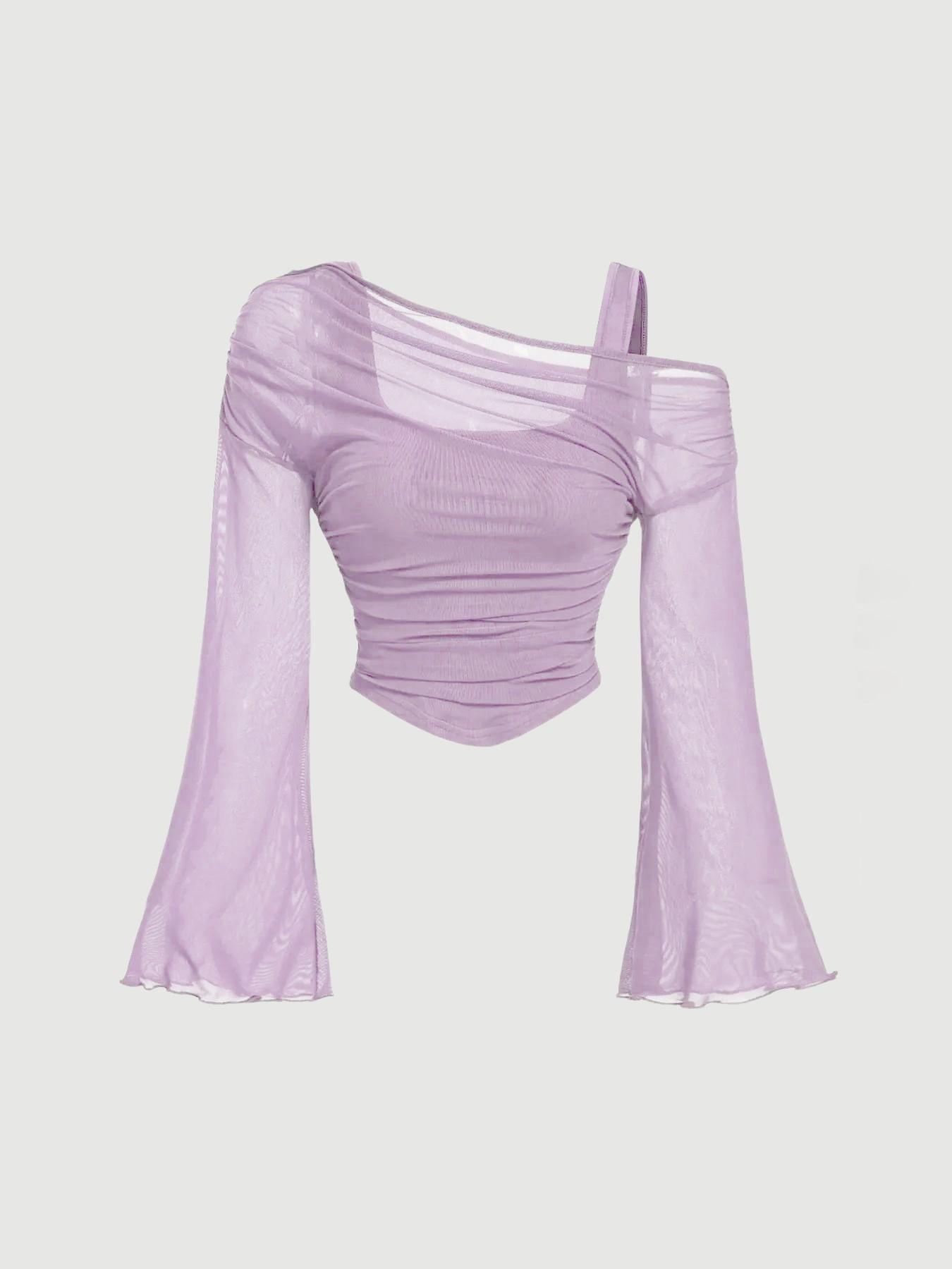 Women's Mesh Neck Pleated Long-Sleeve Top – Slim Fit Knit